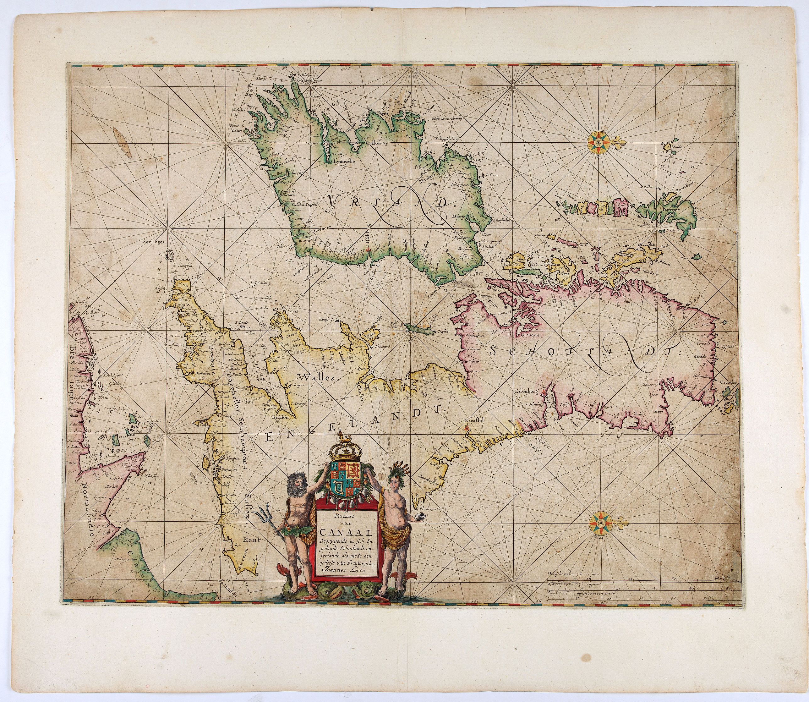 LOOTS, J., Pascaart vant Canaal Begrypende in sich Engelandt, Schotlandt, en jerlandt, als mede een gedeelt van Francryck., antique map, old maps