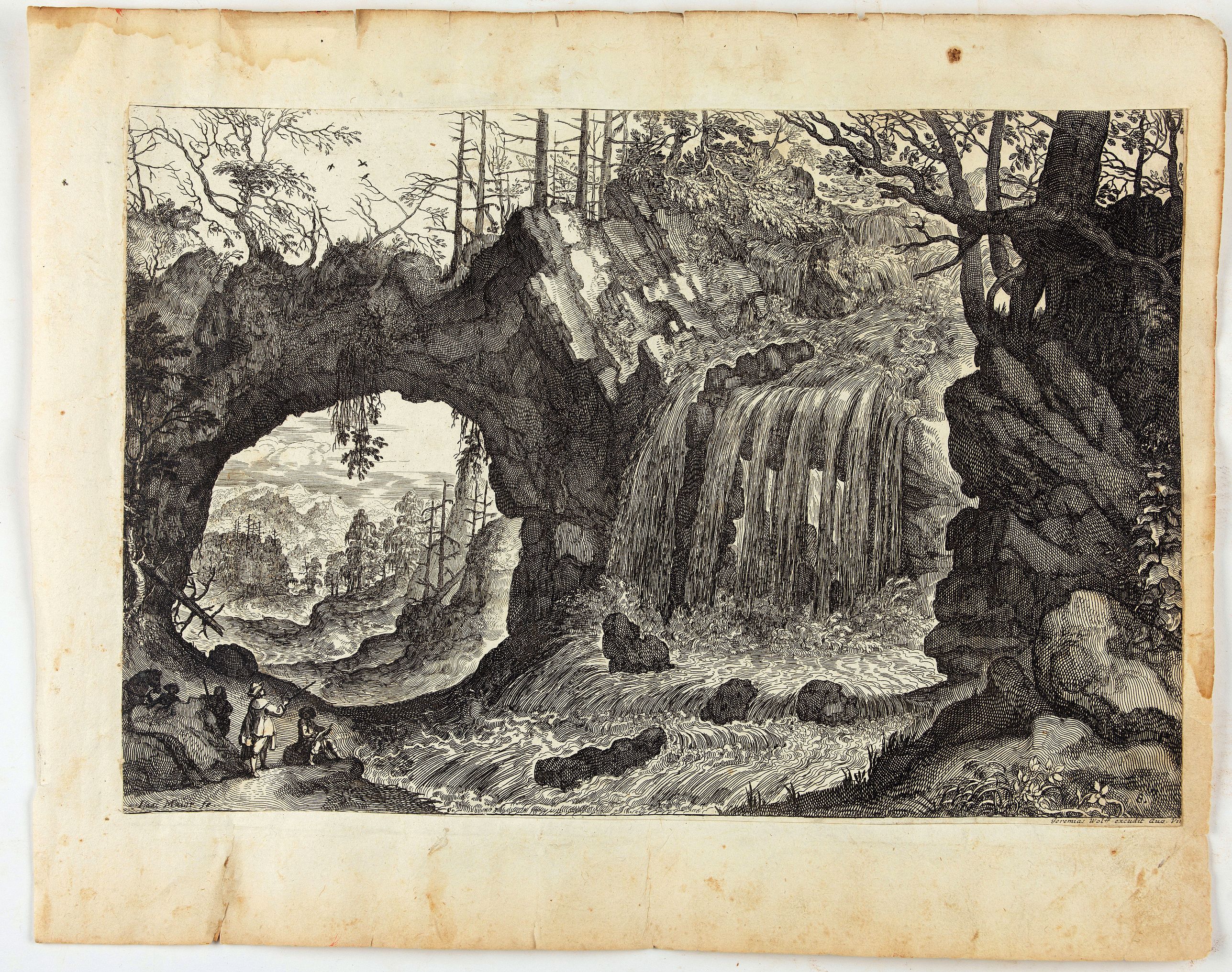 MAIOR, I., Wasserfall rechts von einem Felsentor., antique map, old maps