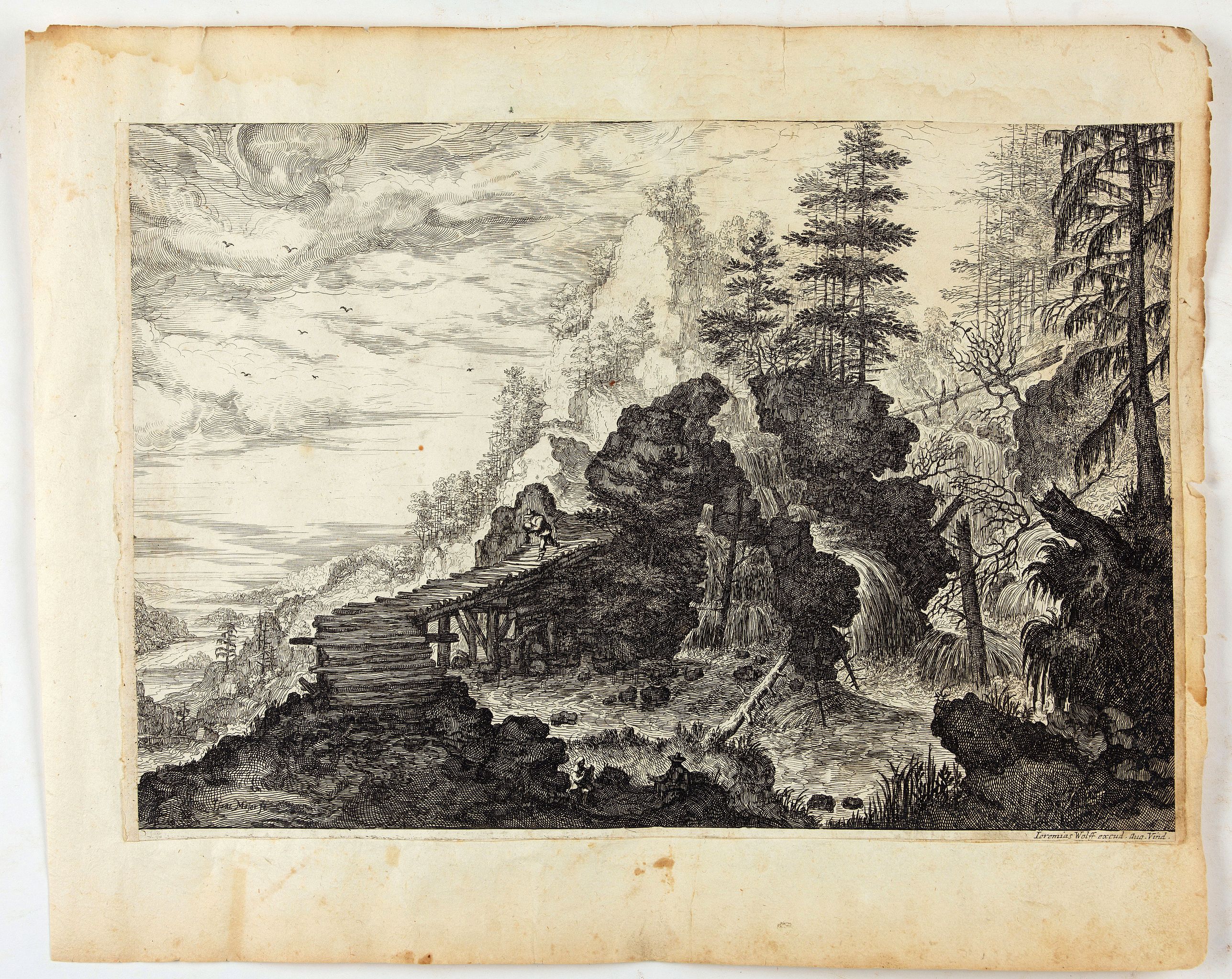 MAIOR, I., Landschaft mit Wasserfall rechts eines Felsblocks., antique map, old maps
