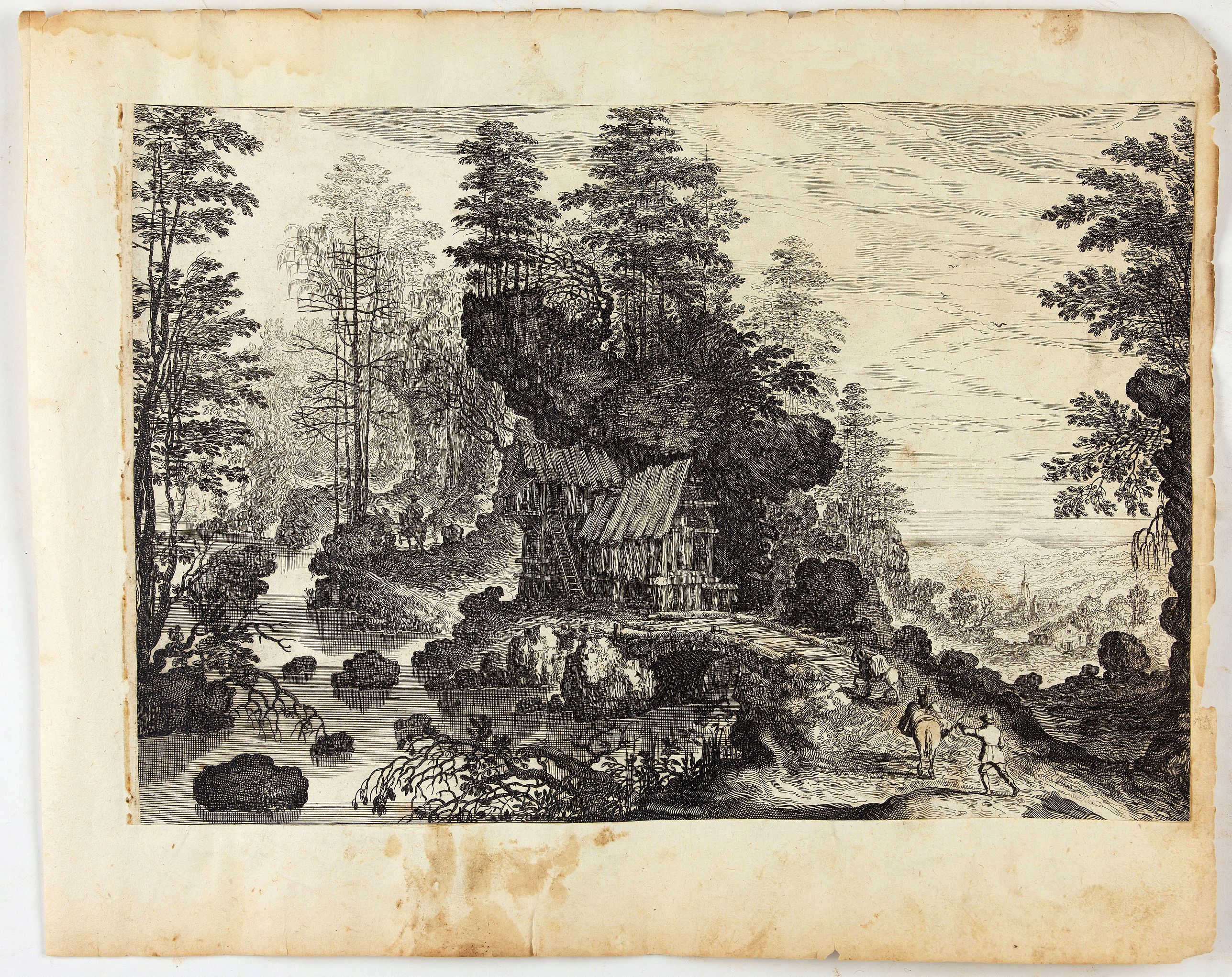 MAIOR, I., Blick auf eine Waldlandschaft mit reisenden Männern und einem Dorf in der Ferne., antique map, old maps