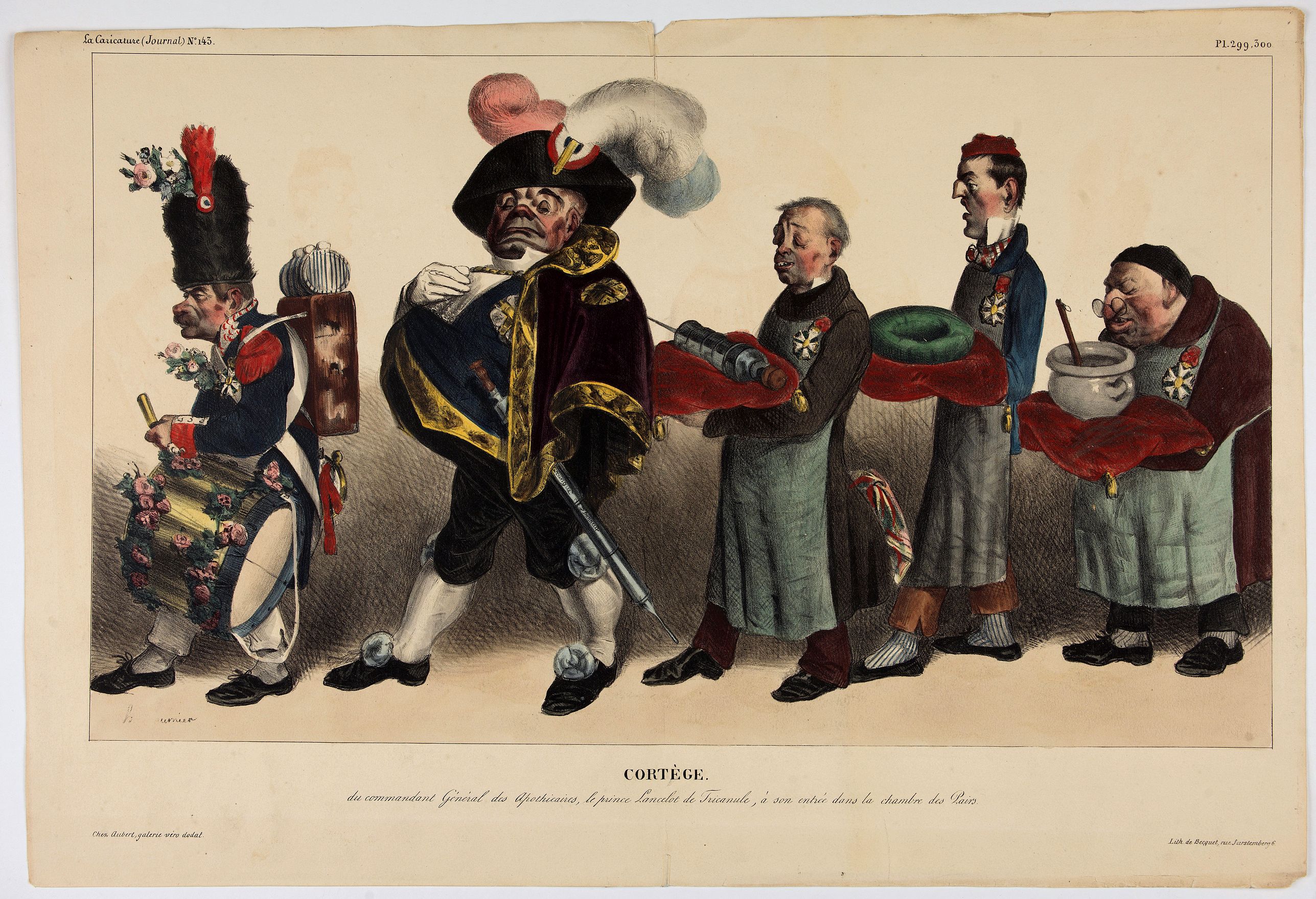 DAUMIER, H., Cortège du Commandant Général des Apothicaires, le prince Lancelot de Tricanule, à son entrée dans la Chambre de Pairs., antique map, old maps