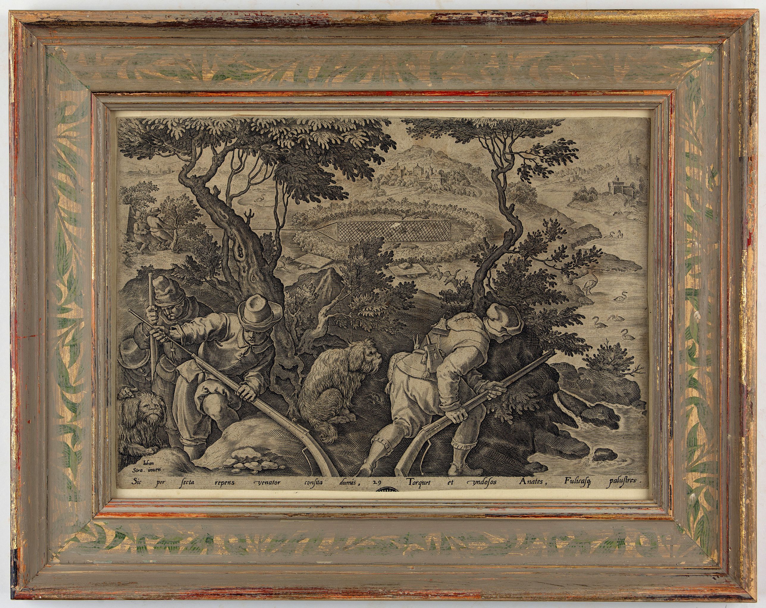 STRADANUS, Johannes / GALLE, Ph., Sic per secta repens venator consista dumis - Torquet et undosos anates, Fusicasp palustres, antique map, old maps