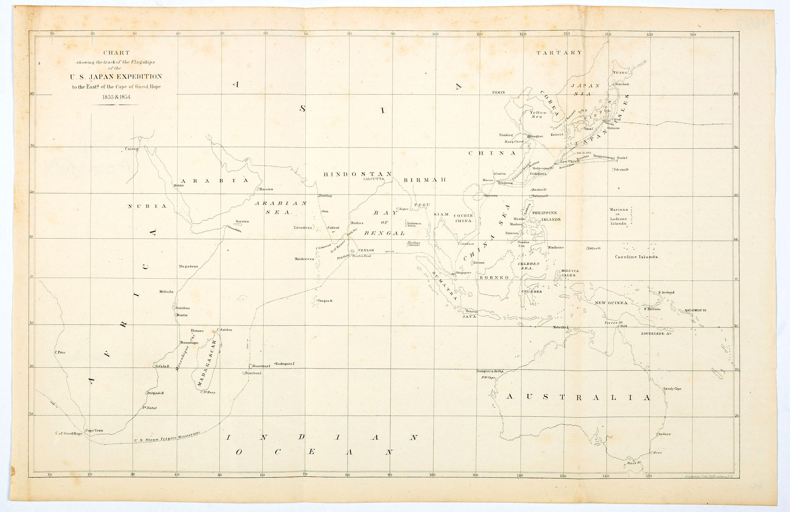 APPLETON, D., Chart showing the track of the Flagships of the US-Japan Expedition to the eastward of the Cape of Good Hope 1853 & 1854., antique map, old maps