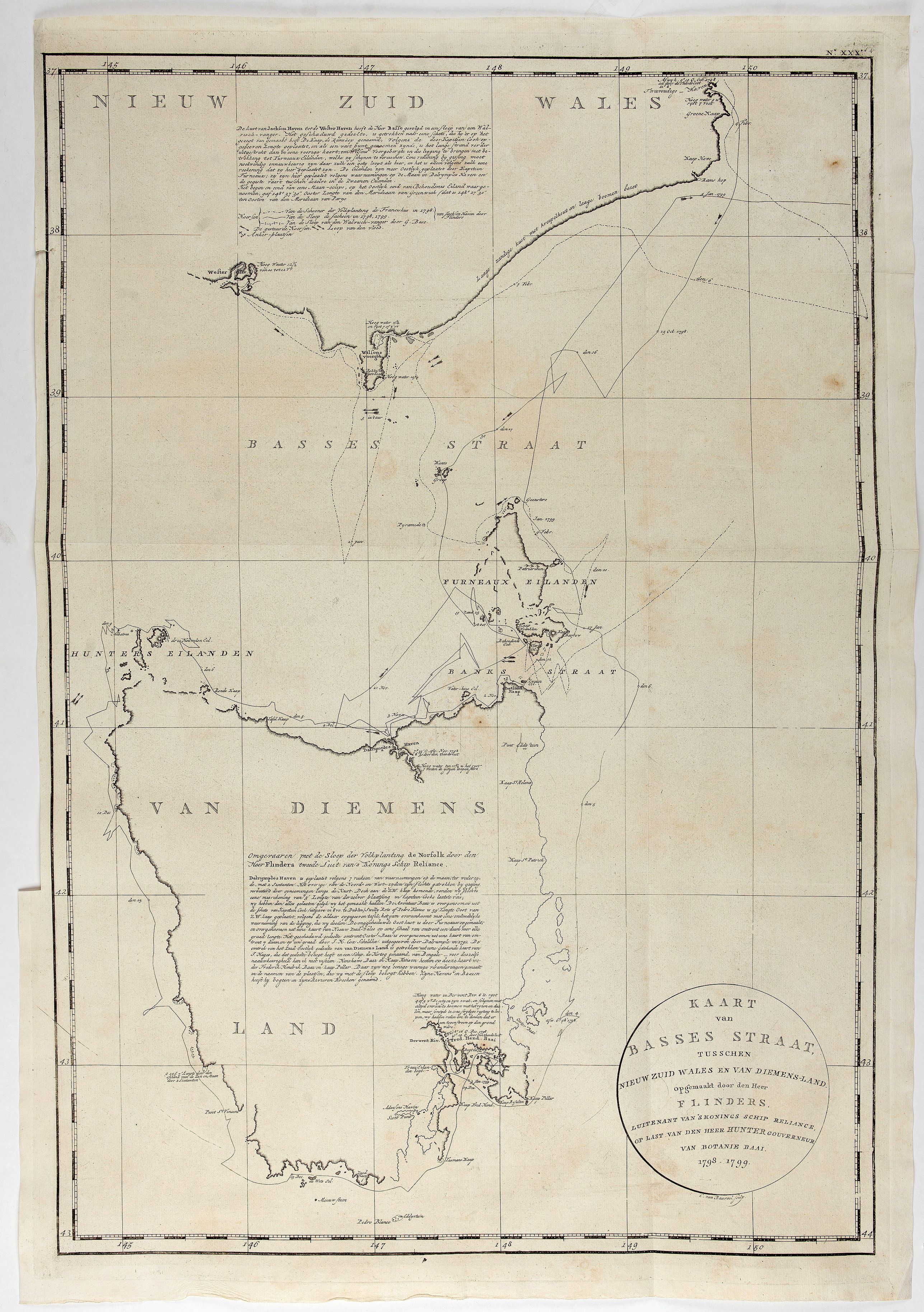 FLINDERS, M. / COOK, J., Kaart van Basses Straat, tusschen Nieuw Zuid Wales en Van Diemens-Land ... Heer Flinders ... 1798-1799. . ., antique map, old maps