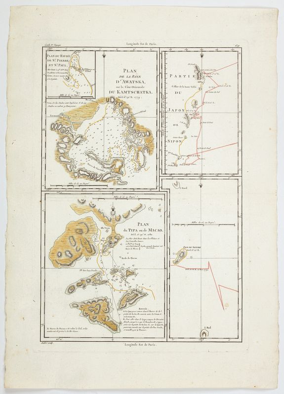 BONNE, Rigobert., Plan de la Baye d'Awatska. . .Plan du Typa ou de Macao. . .Partie du Japon ou Nipon., antique map, old maps