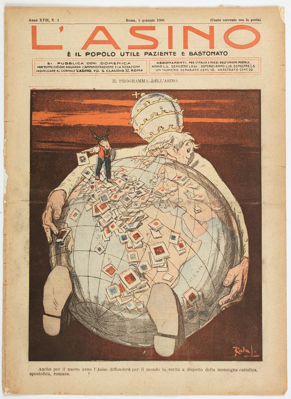 L'ASINO (The Donkey)., L'Asino e il popolo utile paziente e bastonato., antique map, old maps