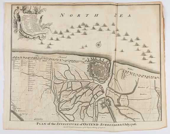 RAPIN / TINDAL., Plan of the Investiture of Ostend Surrenderd, 6 July, 1706, antique map, old maps