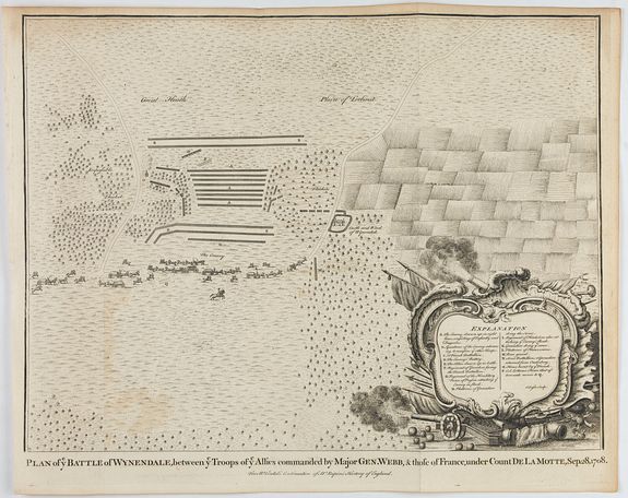 RAPIN / TINDAL., Plan of ye Battle of Wynendale between ye Troops of ye Allies commanded by Major Gen. Webb & those of France under Count de La Motte Sept. 28 1708., antique map, old maps