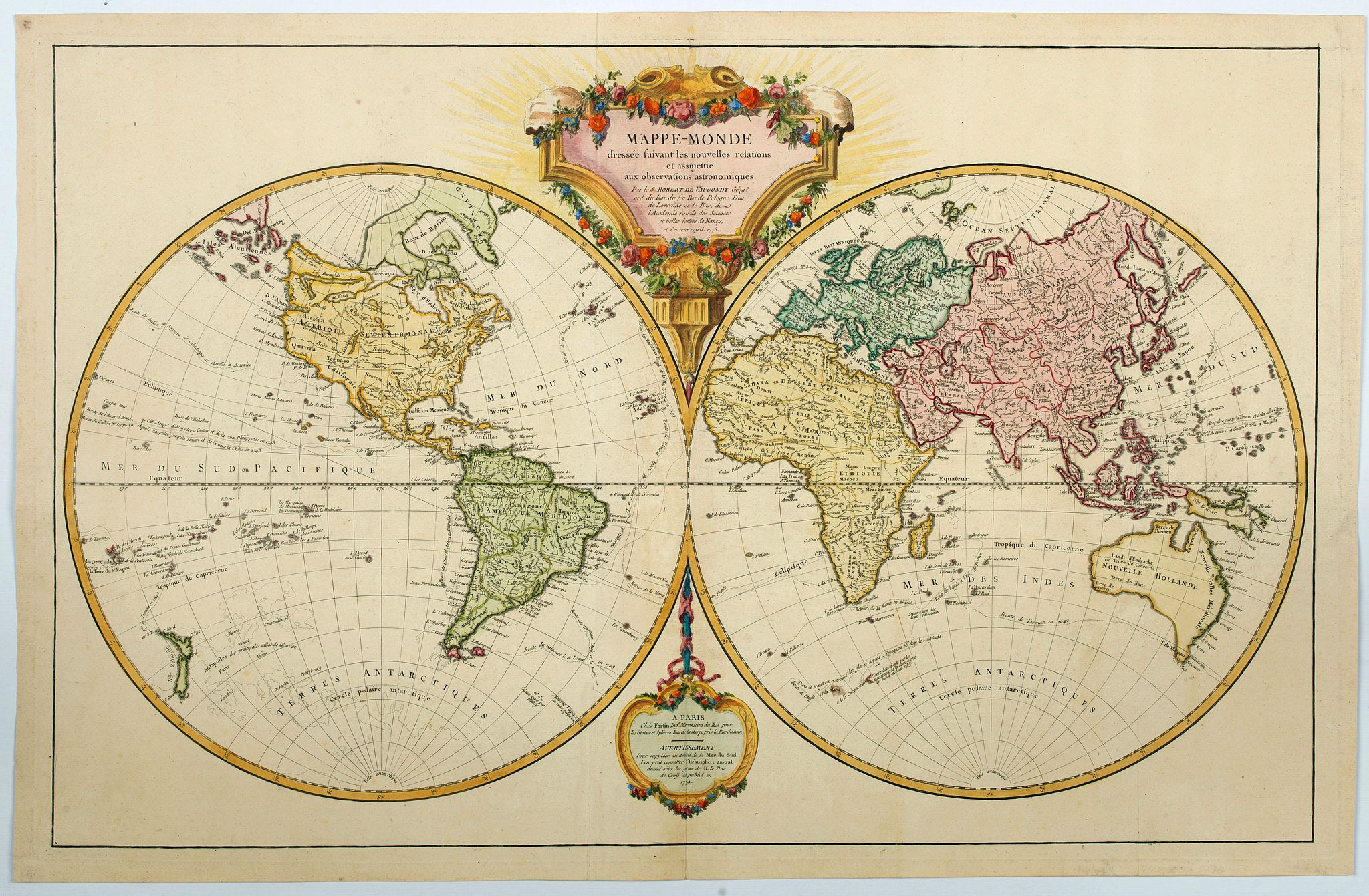 DE VAUGONDY, R., Mappe-Monde dressee suivant les nouvelles relations. . ., antique map, old maps