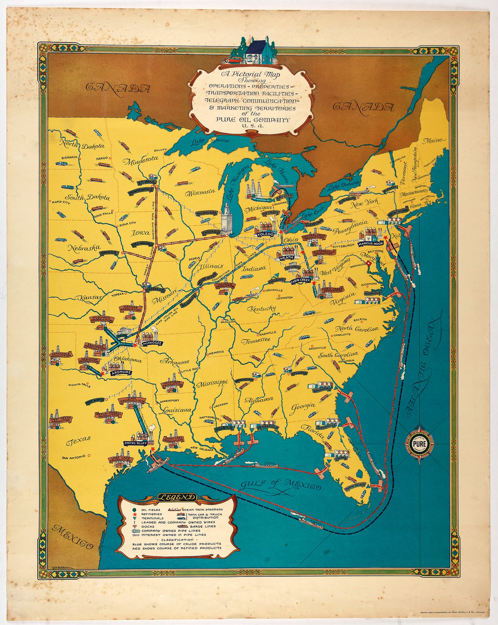 G.H. BODEEN - RAND MCNALLY & CO., A pictorial map Showing Operations Properties Transportation FacilitiesTelegraph Communication & Marketing Territories of The Pure oil Company U.S.A., antique map, old maps
