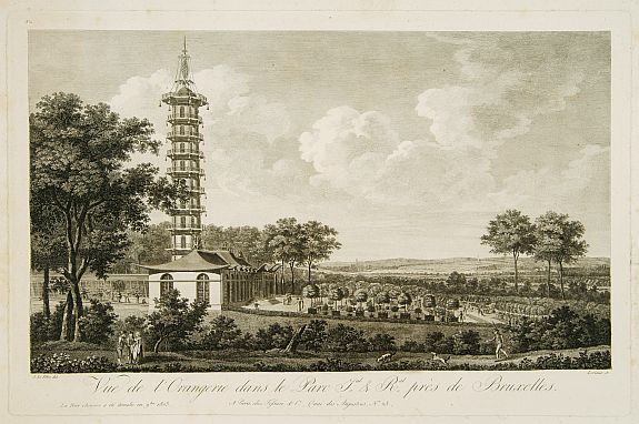 LORIEUX., Vue de l'Orangerie dans le Parc J. & R(oya)l. prés de Brussels., antique map, old maps
