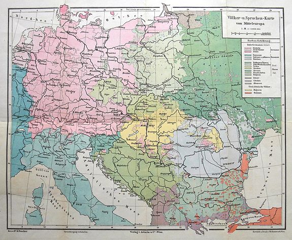 PEUCKER, K., Völker-u. Sprachen-Karte von Mitteleuropa., antique map, old maps