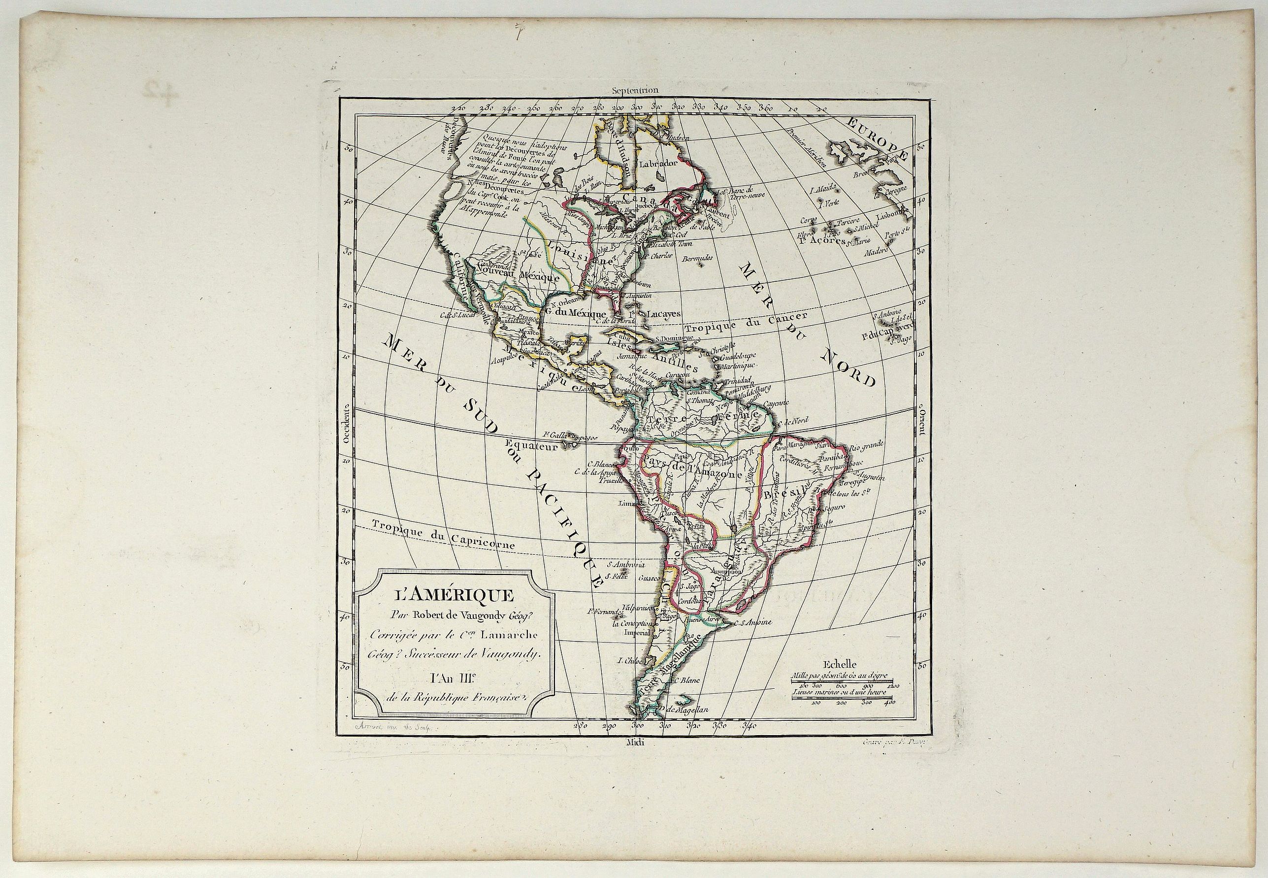 VAUGONDY, G.R., L’Amerique Par Robert de Vaugondy Corrigee par le C Lamarche An III. , antique map, old maps