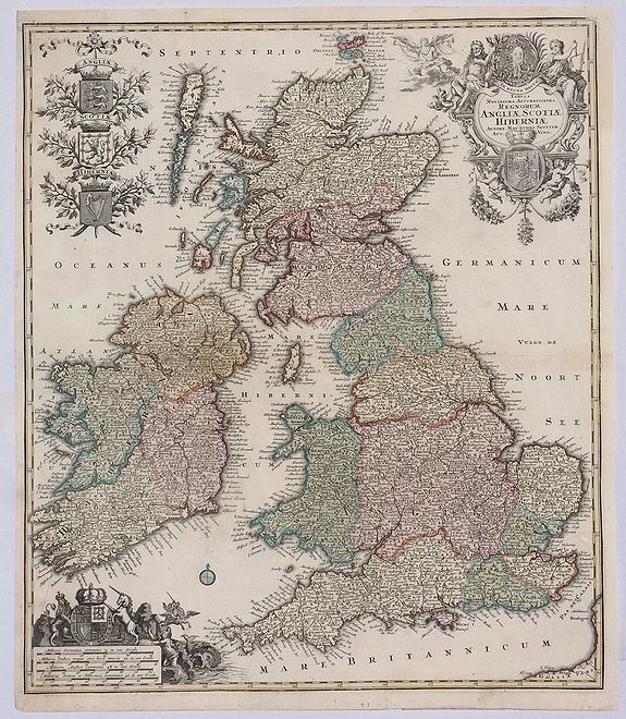 SEUTTER, M., Tabula Accuratissima Regnorum Anglae Scotiae Hiberniae., antique map, old maps
