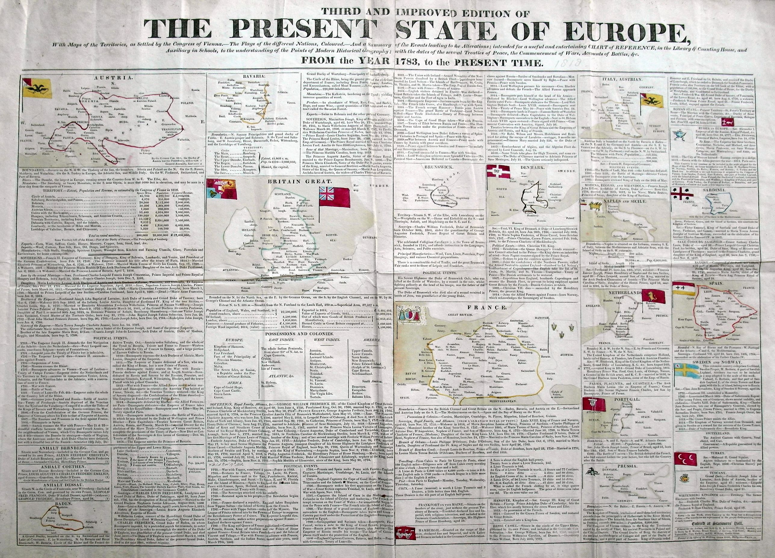 WILKINS, G., Third and Improved Edition of The Present State of Europe, With Maps of the Territories, as Settled by the Congress of Vienna., antique map, old maps