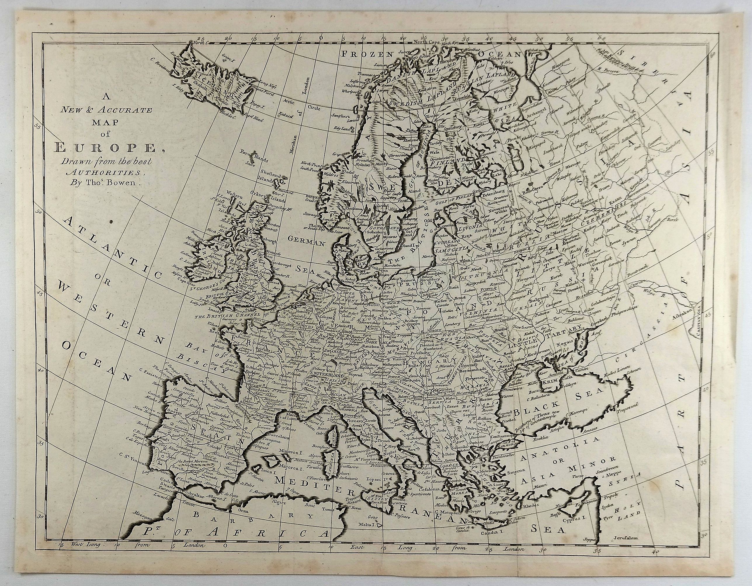 BOWEN, T., A New & Accurate Map of Europe, Drawn from the Best Authorities., antique map, old maps
