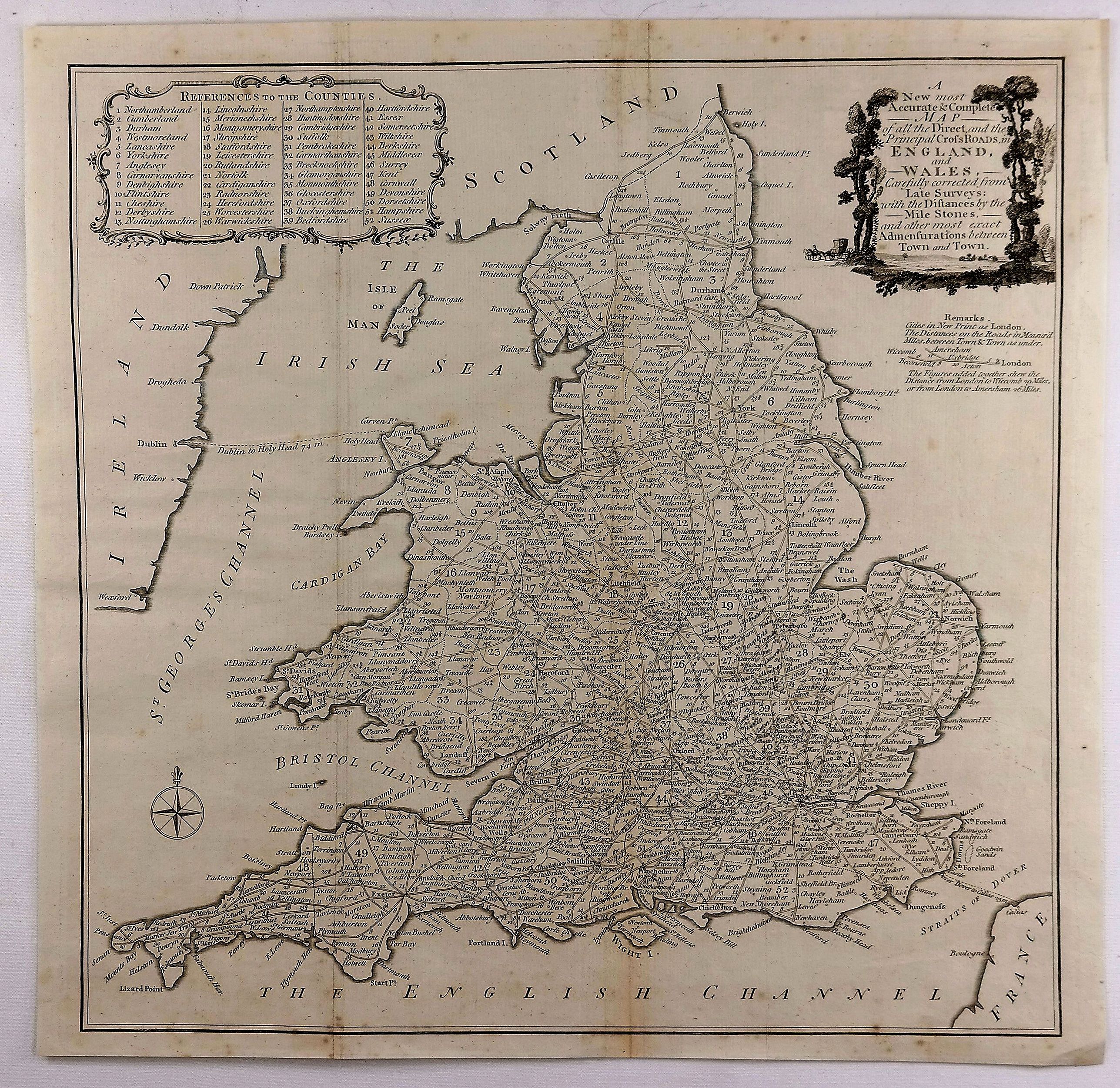 KITCHIN, T., A New most Accurate & Complete Map of All the Direct and the Principal Cross Roads in England and Wales., antique map, old maps