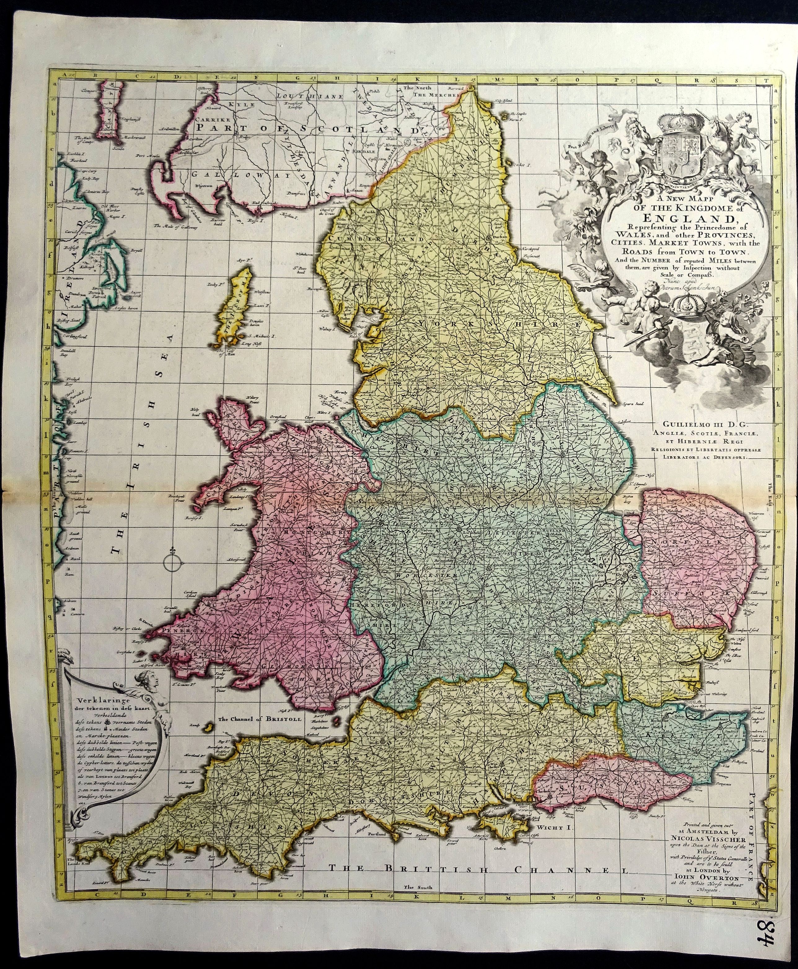 Visscher, N., Overton, J., Schenk, P., A New Mapp of the Kingdome of England, Representing the Princedome of Wales, and other Provinces, Cities, Market Towns, with the Roads from Town to Town. , antique map, old maps