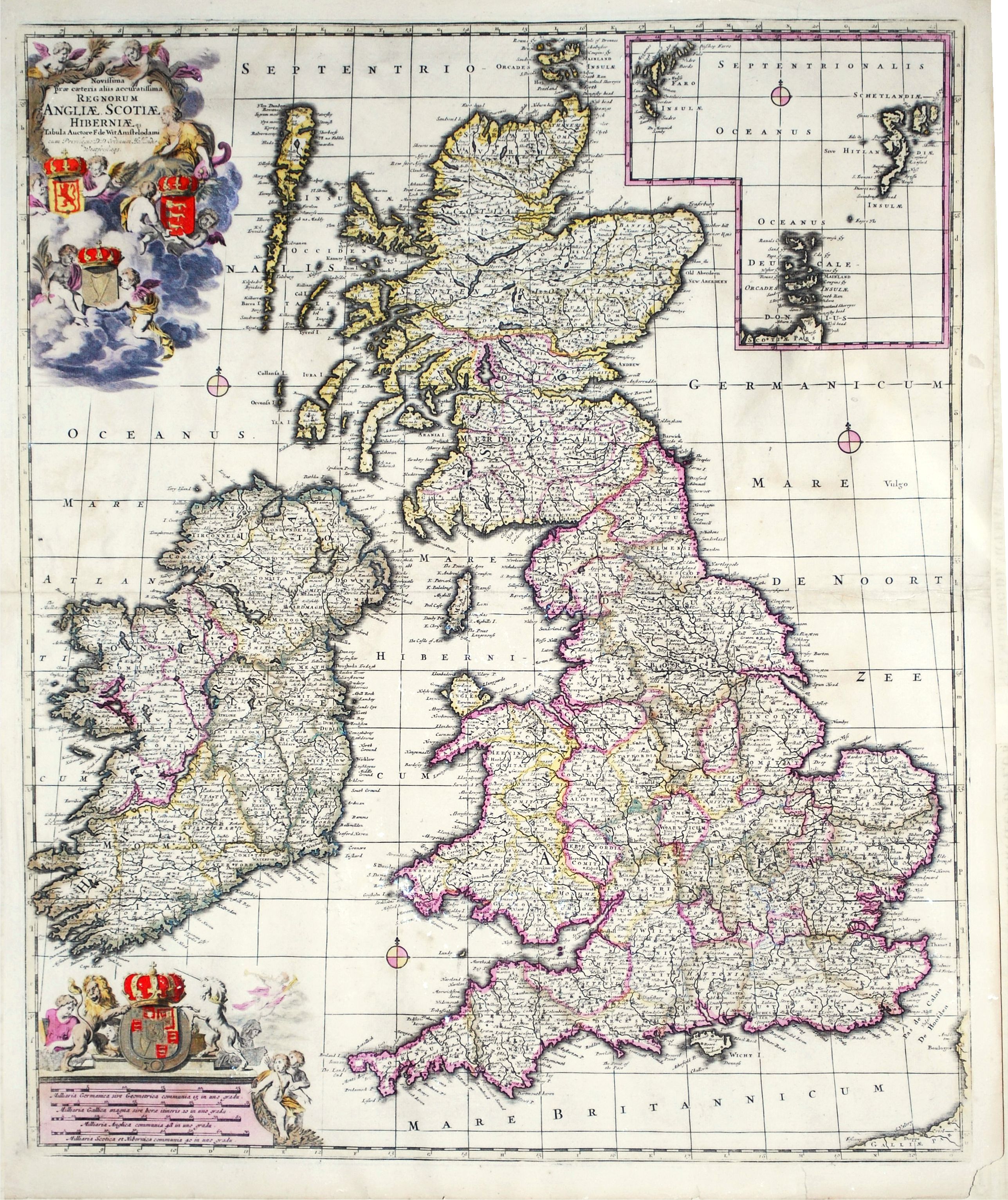 DE WIT, F, [ Novissima prae caeterisaliis accuratissima Regnorum Angliae, Scottiae, Hiberniae Tabula. , antique map, old maps