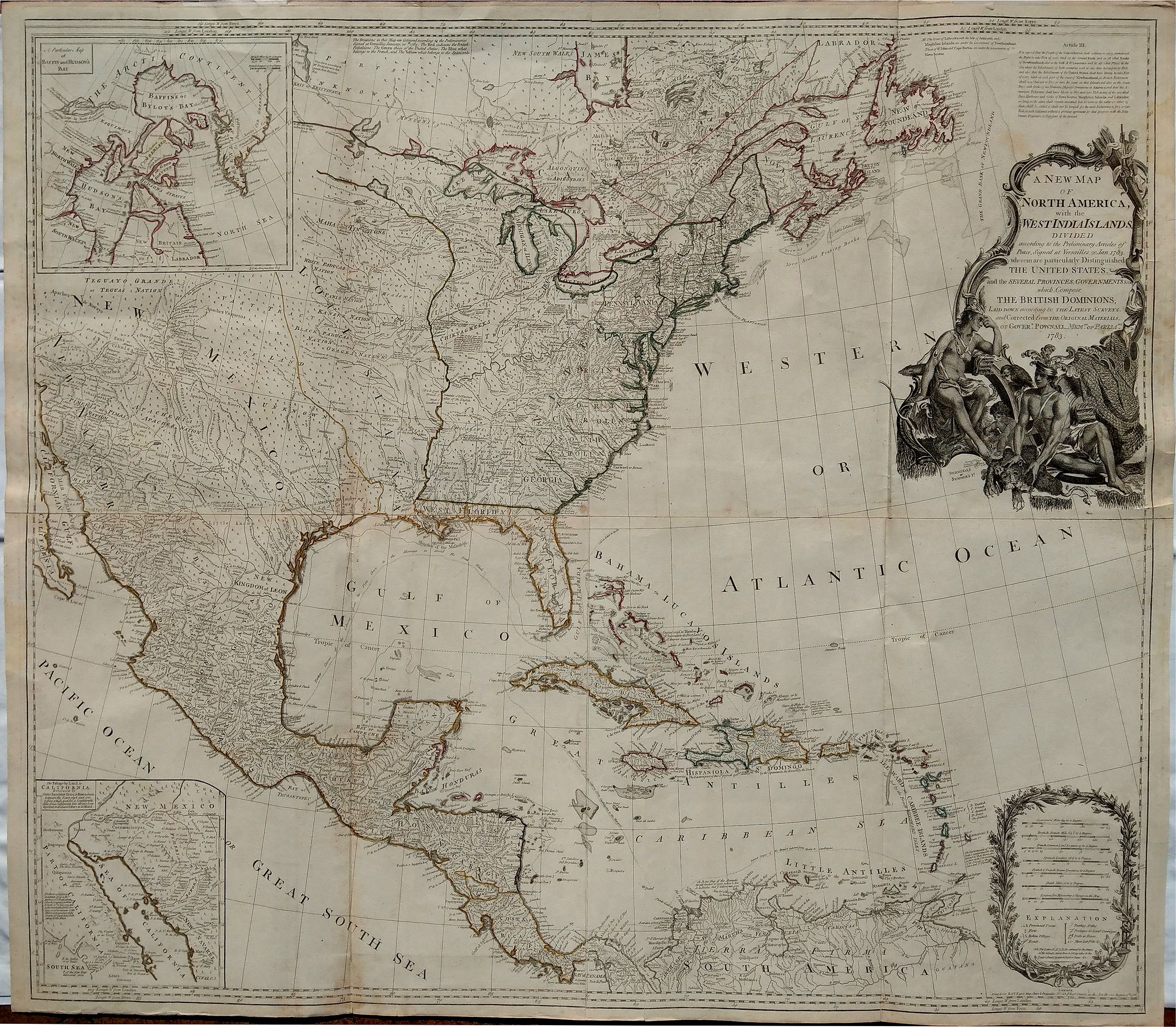 SAYER, R., A New Map of North America, with the West India Islands. Divided according to the Preliminary Articles of Peace, Signed at Versailles, 20, Jan. 1783. wherein are particularly Distinguished the United States, and the Several Provinces, Governments & ca whi, antique map, old maps
