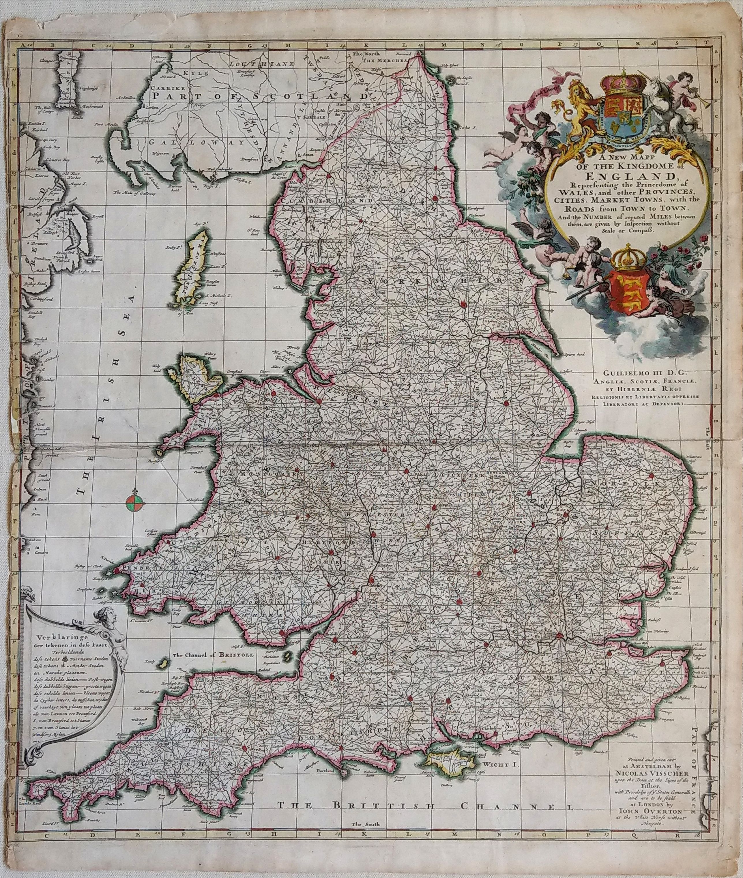 VISSCHER, N. / OVERTON, J., A New Mapp of the Kingdome of England, Representing the Princedome of Wales, and other Provinces, Cities, Market Towns, with the Roads from Town to Town. And the Number of reputed Miles between them, are given by Inspection without Scale or Compaβ., antique map, old maps