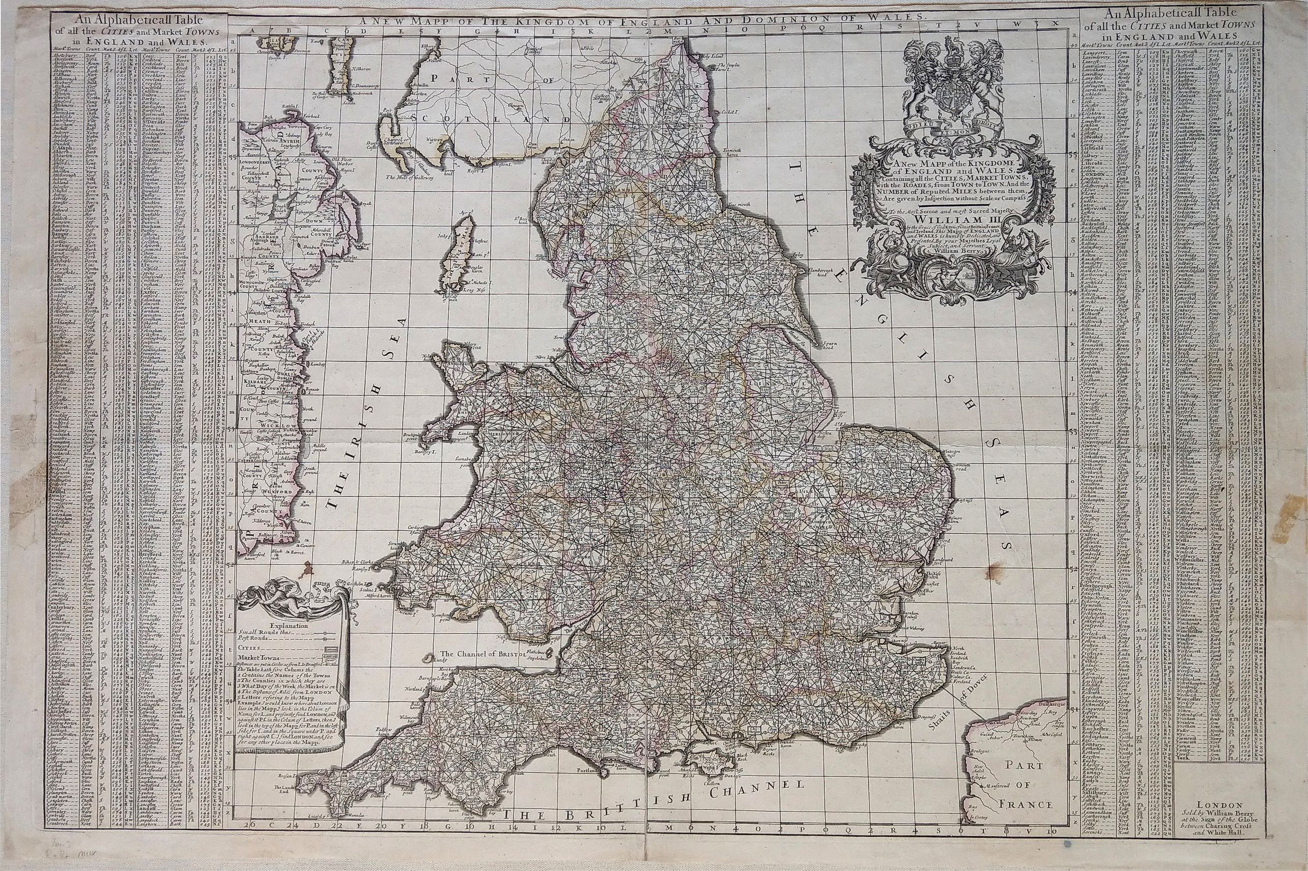 BERRY, W., A New Mapp of the Kingdome of England and Wales. Containing all the Cities, Market Towns, with the Roades, from Town to Town. And the Number of Reputed Miles between them, Are given by Inspection without Scale or Compass., antique map, old maps