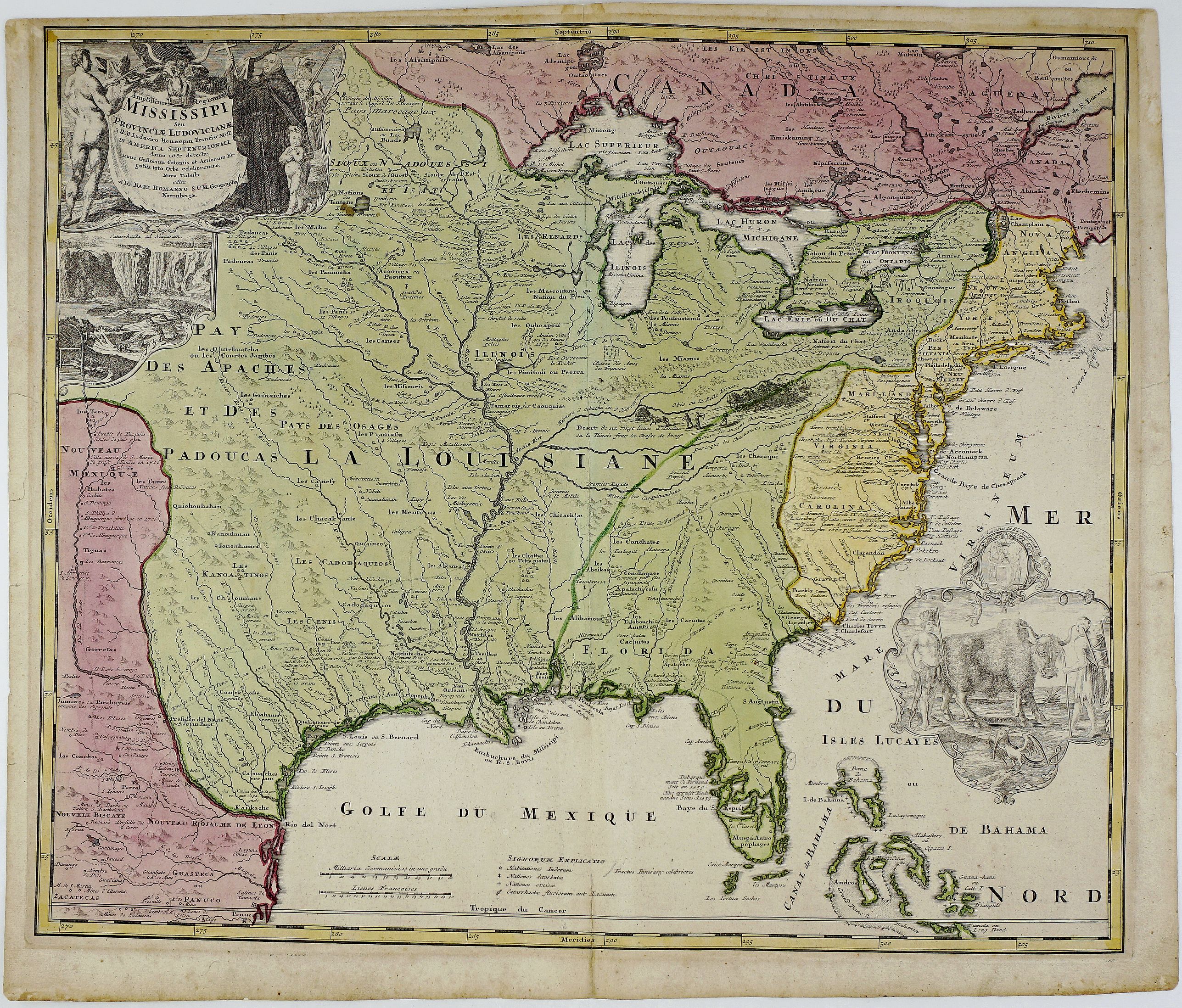 HOMANN, J. B., Amplissimae Regionis Mississipi Seu Provinciae Ludovicianae A R.P. Ludovico Hennepin Francisc Miss In America Septentrionali Anno 1687. . ., antique map, old maps