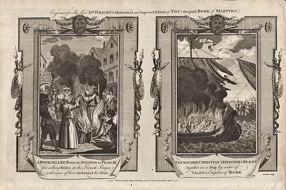 Smith., 'A Bookseller Burnt at Avignon in France for Selling Bibles in the French Tongue with Some of Them Tied round his Neck' and 'Four Score Christian Ministers. . ., antique map, old maps