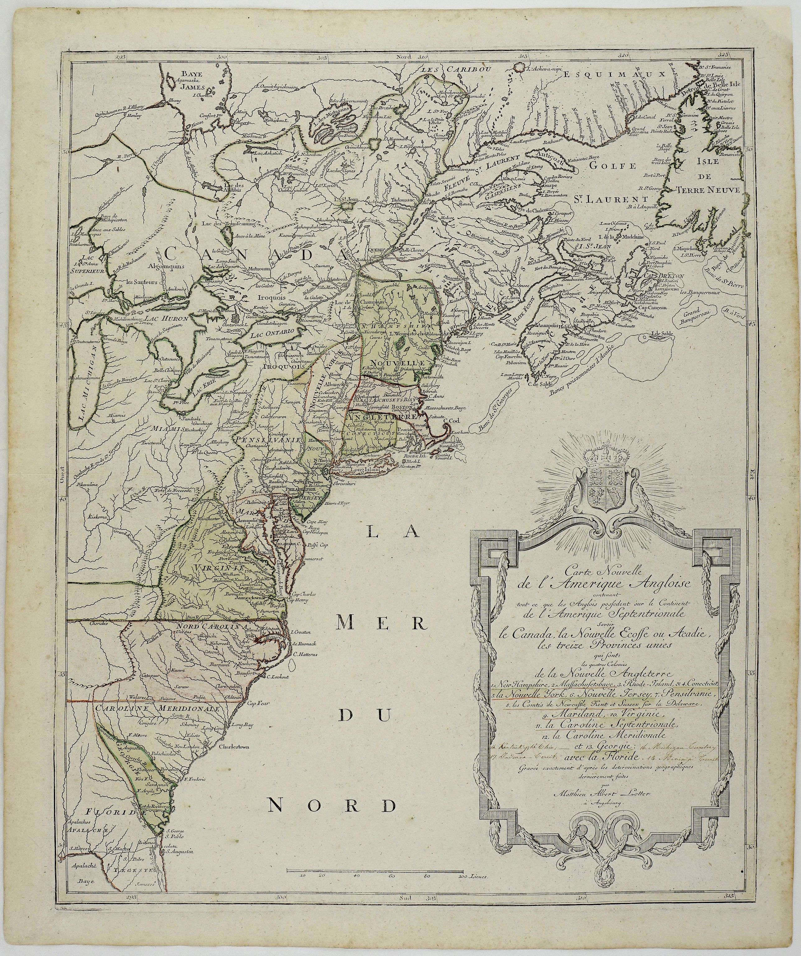 LOTTER, M.A., Carte Nouvelle de L’Amerique Angloise contenant tout ce que les Anglois possedent sur le Continent de L’Amerique Septentrionale . . ., antique map, old maps