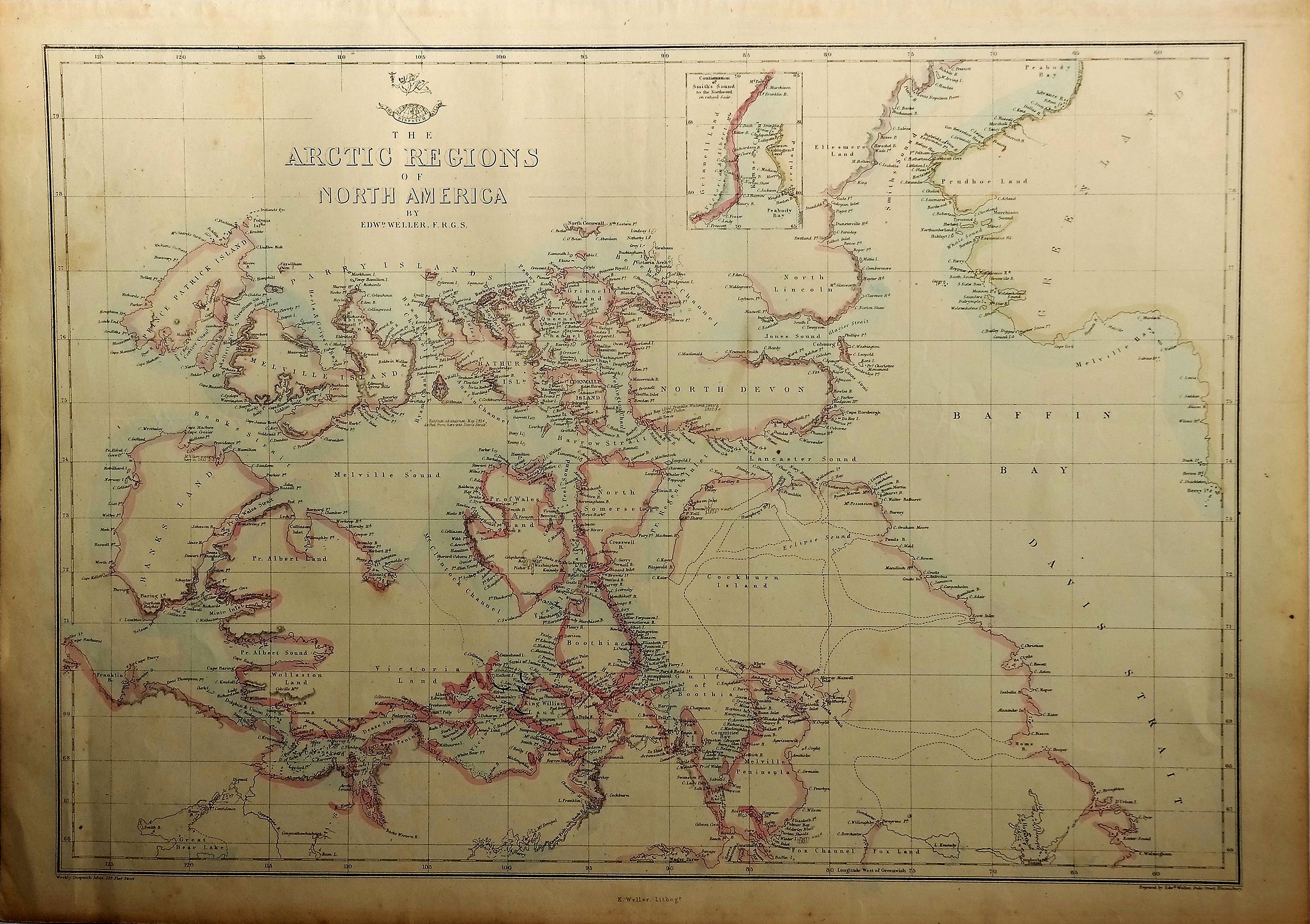 WELLER, E., The Arctic Regions of North America., antique map, old maps