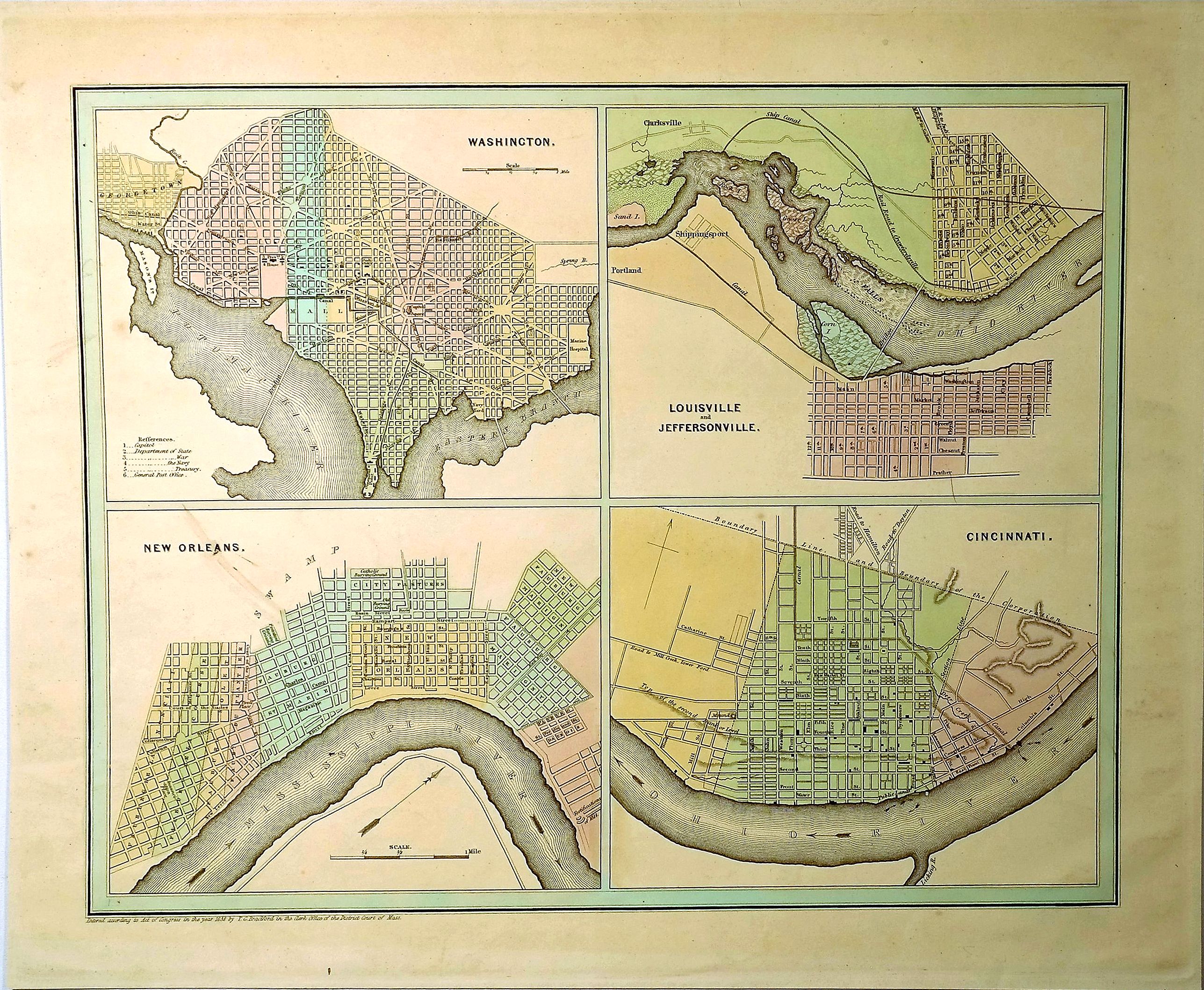 BRADFORD, T., Washington, Louisville & Jefferson, New Orleans & Cincinnati., antique map, old maps
