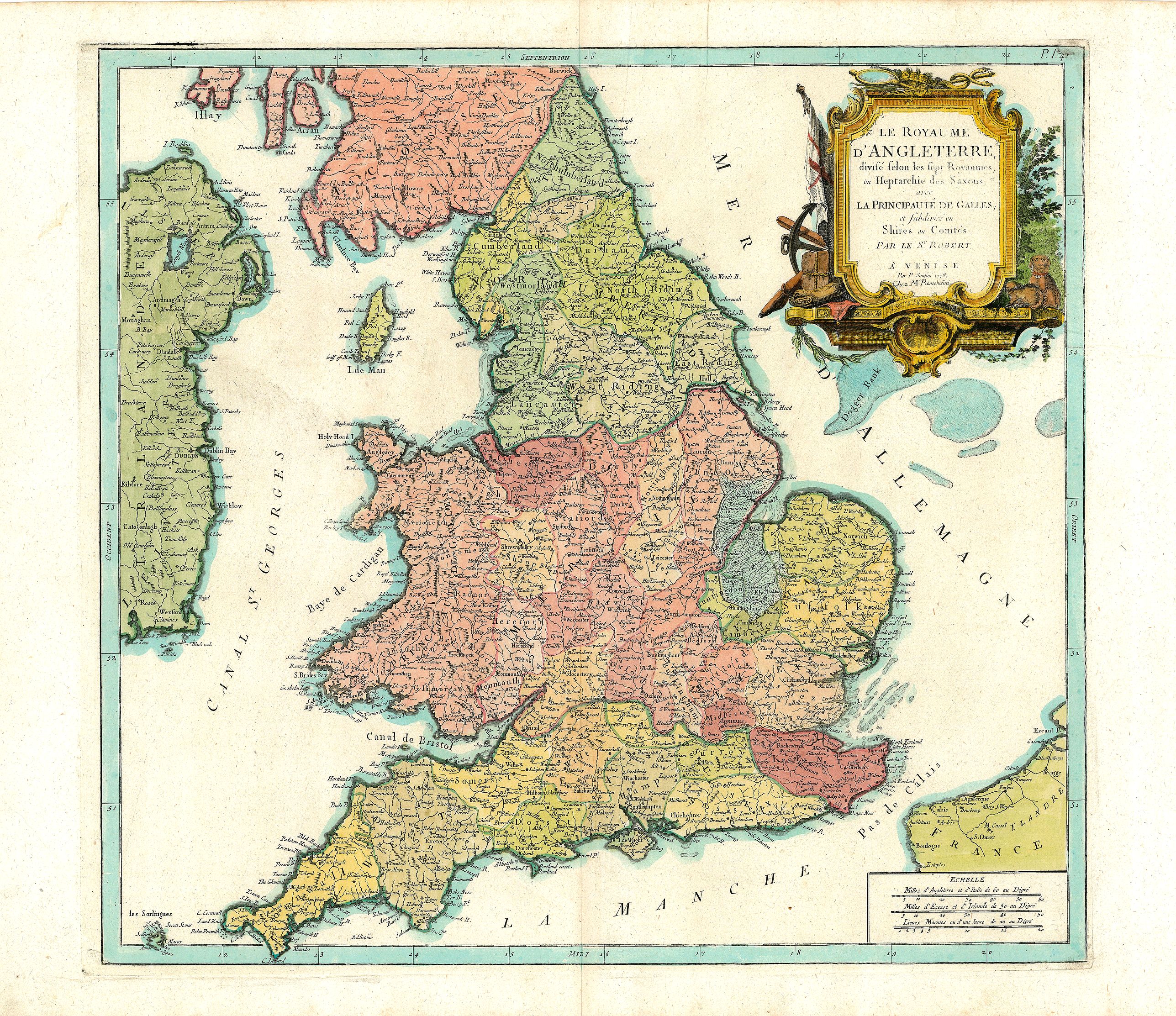SANTINI / de VAUGONDY. , Le Royaume d'Angleterre divisé selon les sept Royaumes., antique map, old maps