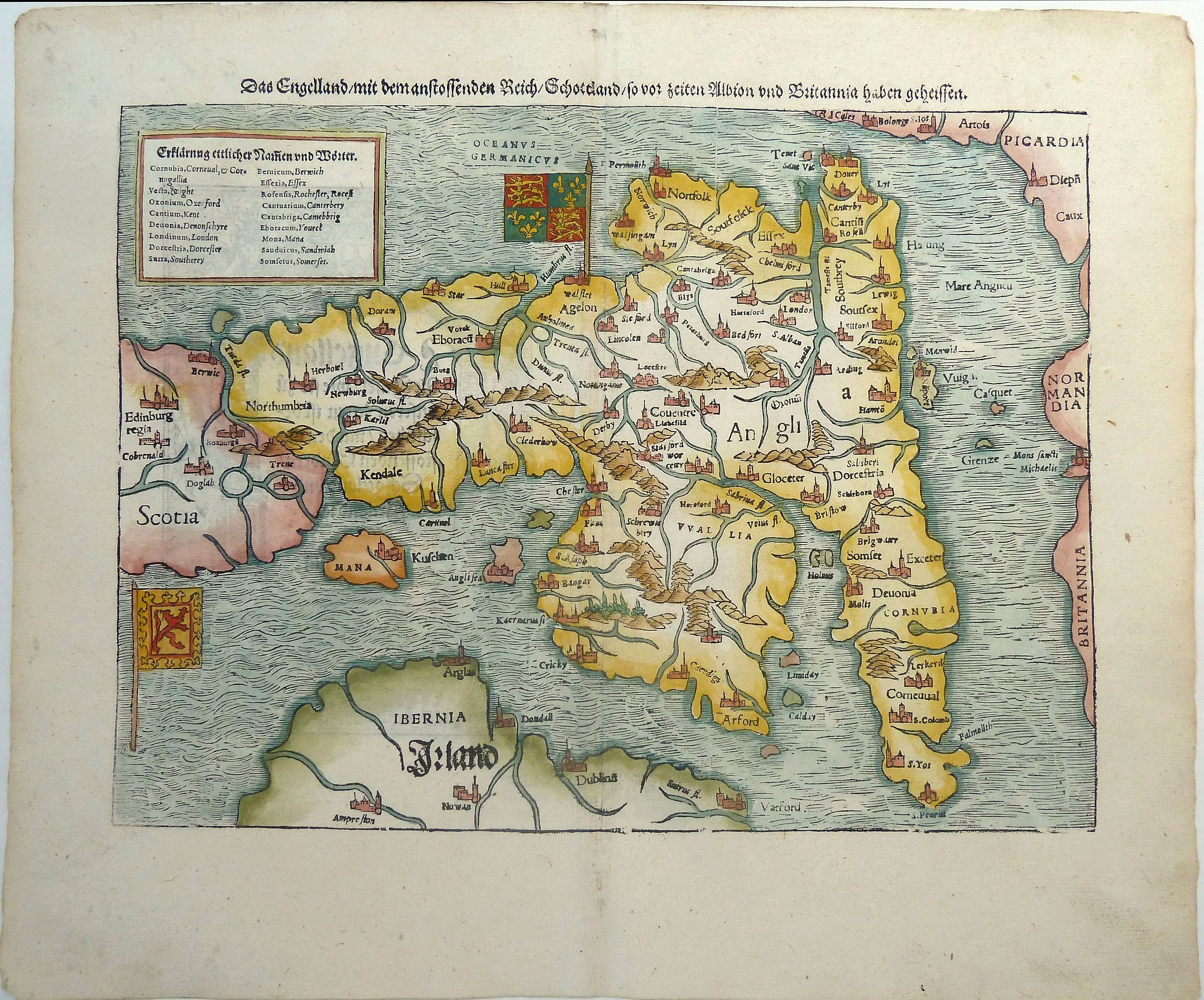 MÜNSTER, Sebastian., Das Kunigreich Engelland, mit dem anstossenden Reich Schottland, so vor zeiten Albion und Britannia, haben geheissen., antique map, old maps