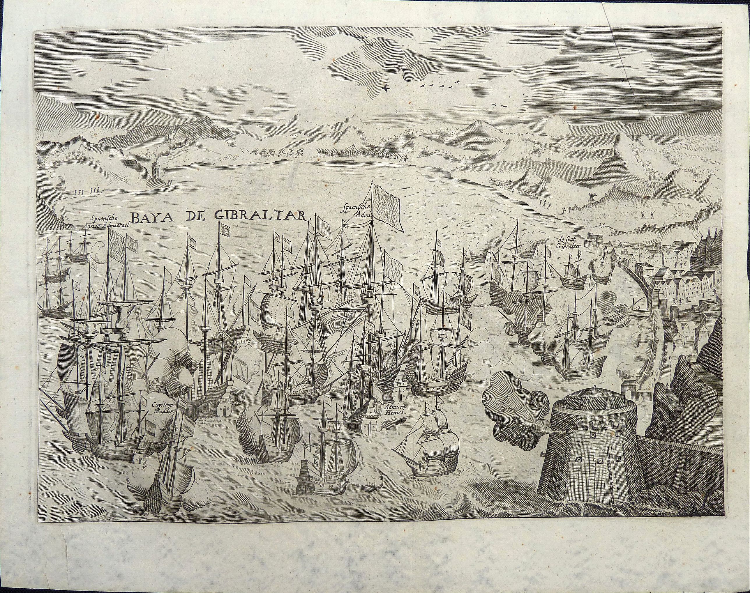 DE JONGE, Guglielmo, Sea battle in the Baya de Gibraltar., antique map, old maps