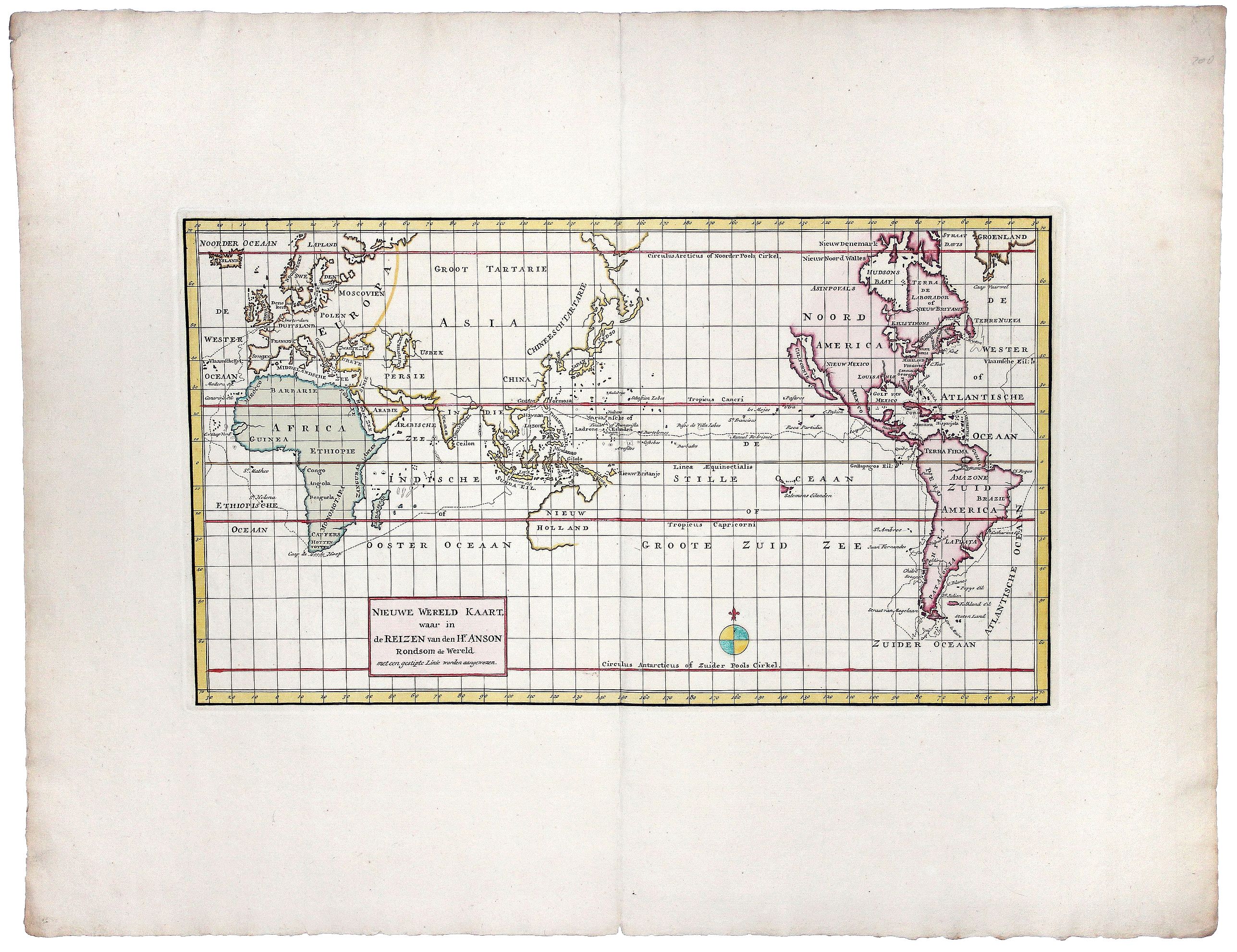 TIRION, I., NIEUWE KAART Van het Westelykste Deel der Weereld, dienende tot aanwyzing van de SCHEEPSTOGTEN der NEDERLANDEREN Naar WESTINDIE., antique map, old maps