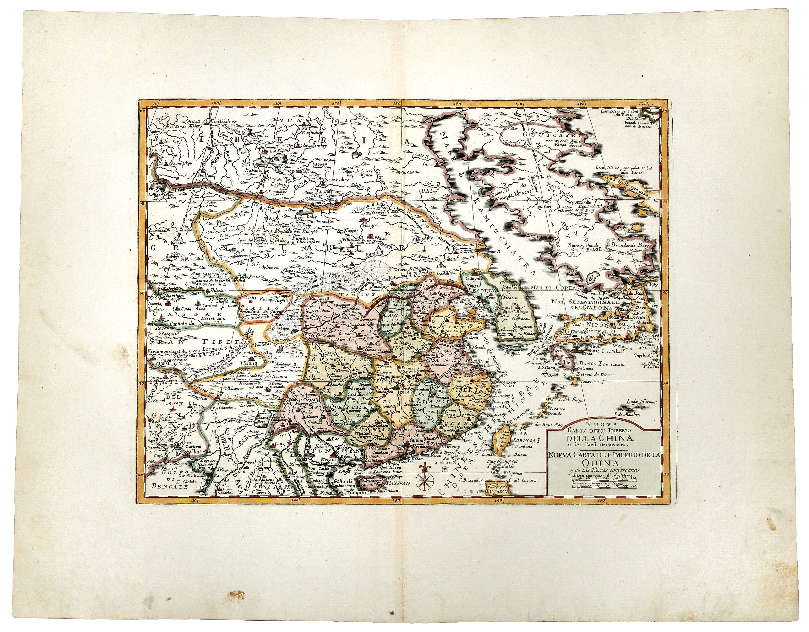 TIRION, I., NUOVA CARTA DELL' IMPERIO DELLA CHINA e dei Paesi circonvicini. NUEVA CARTA DE L'IMPERIO DE LA QUINA y de las Tierras comarcanas., antique map, old maps