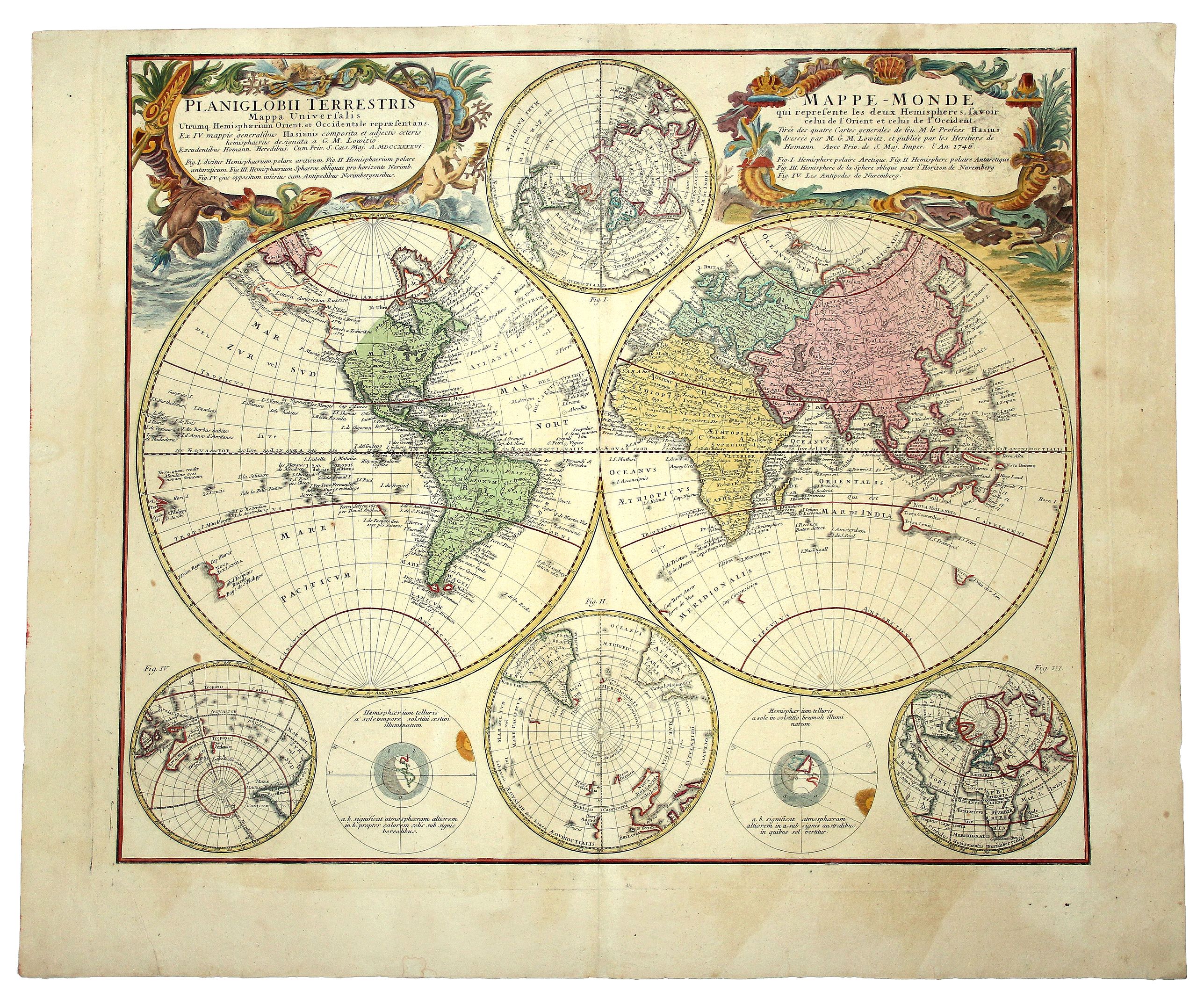 HOMANN HEIRS., PLANIGLOBII TERRESTRIS. Mappa Universalis. - MAPPE - MONDE qui represente les deux Hemispheres savoir celui de l'Orient et celuit de l'Occident., antique map, old maps