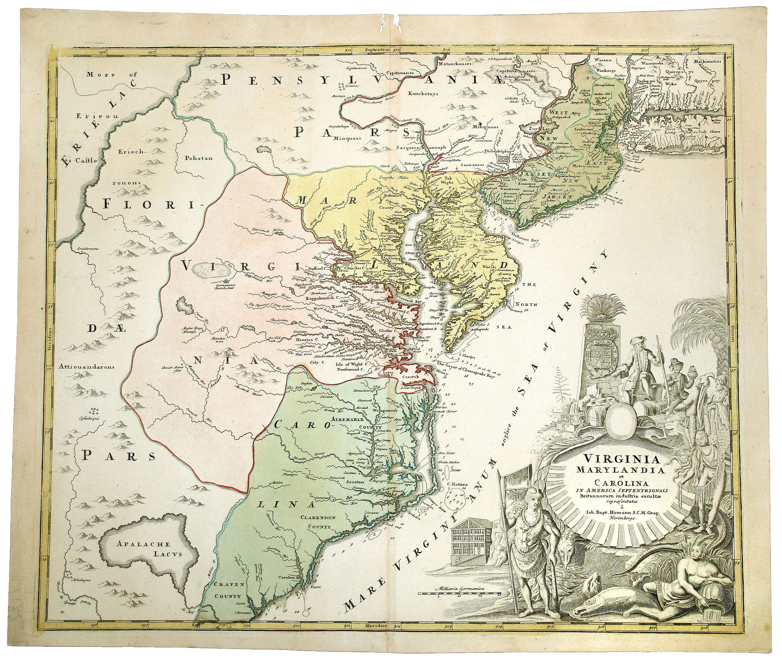 HOMANN, J.B., VIRGINIA MARYLANDIA et CAROLINA in America Septentrionali., antique map, old maps