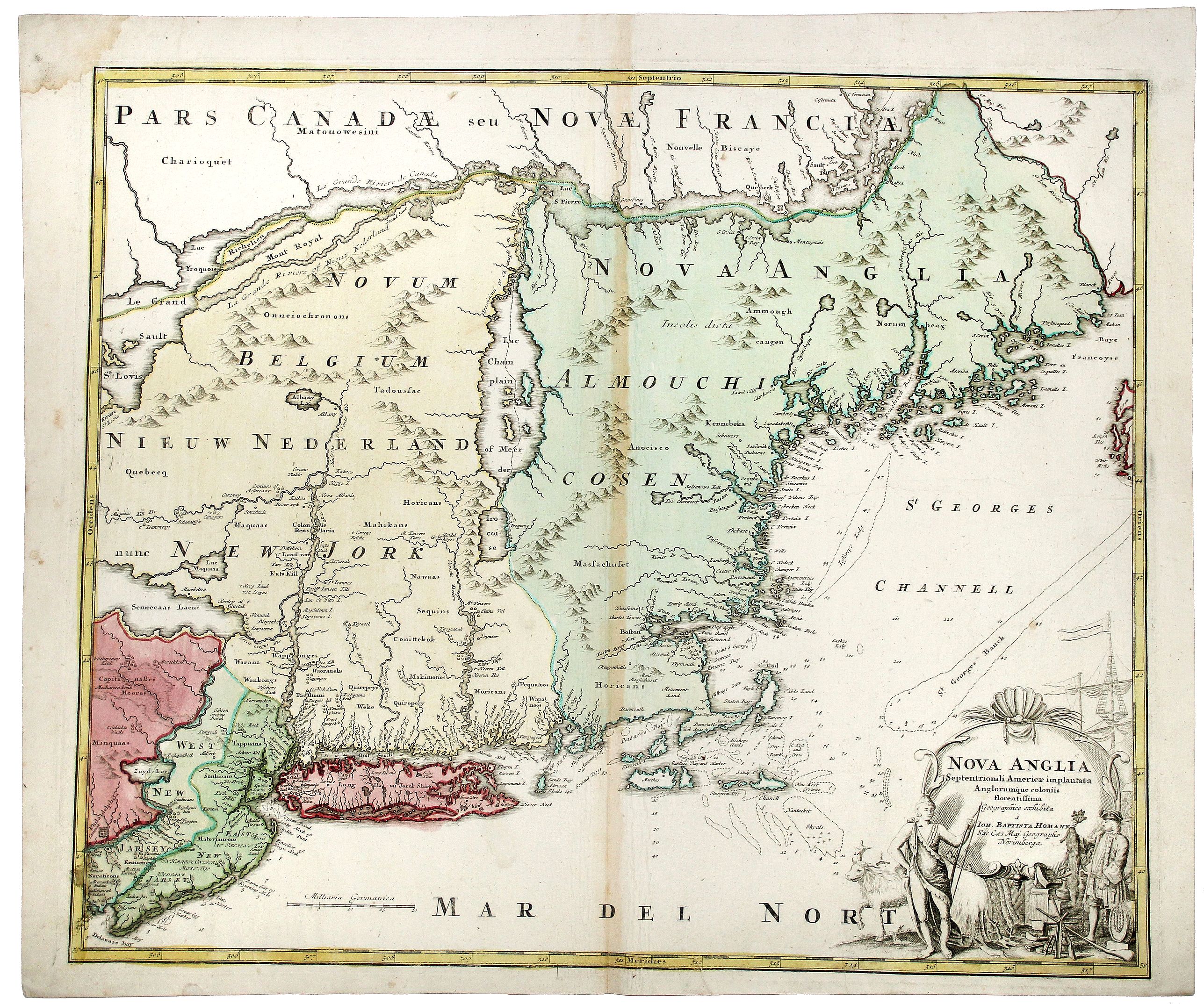 HOMANN, J.B., NOVA ANGLIA. Septentrionali Americae implantata. Anglorumique coloniis florentissima., antique map, old maps