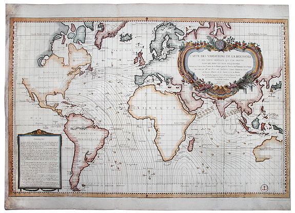 BELLIN, J.N., CARTE DES VARIATIONS DE LA BOUSSOLE et des Vents Generaux que l'on trouve dans les mers les plus frequentees., antique map, old maps