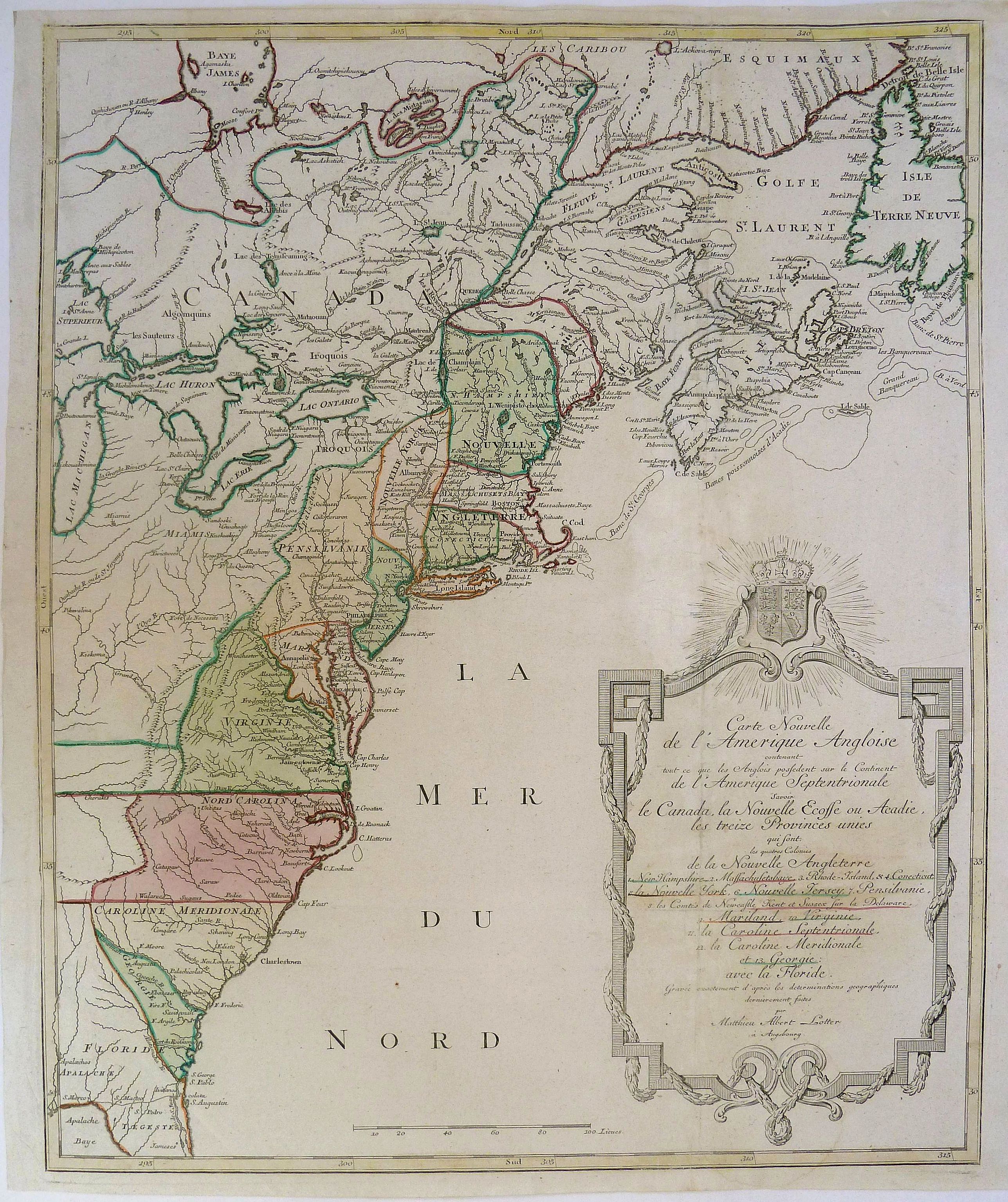 LOTTER, M.A., Carte Nouvelle de l'Amerique Angloise Contenant tout ce que les Anglois Possedent sur le Continent de l'Amerique Septentrionale Savoir le Canada, la Nouvelle Ecosse ou Acadie, les Treize Provinces Unies..., antique map, old maps