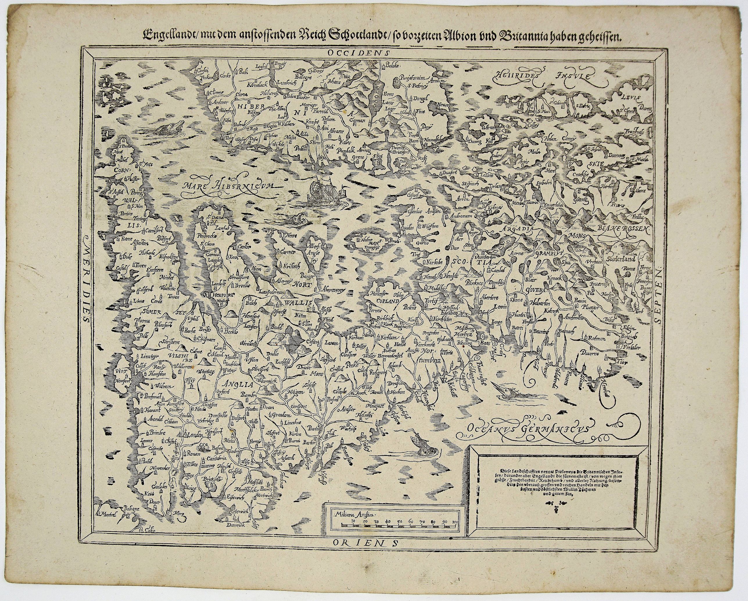 MUNSTER, S., Engellandt mit dem anstossenden Reich Schottland so vorzeiten Albion und Britannia haben geheissen.., antique map, old maps