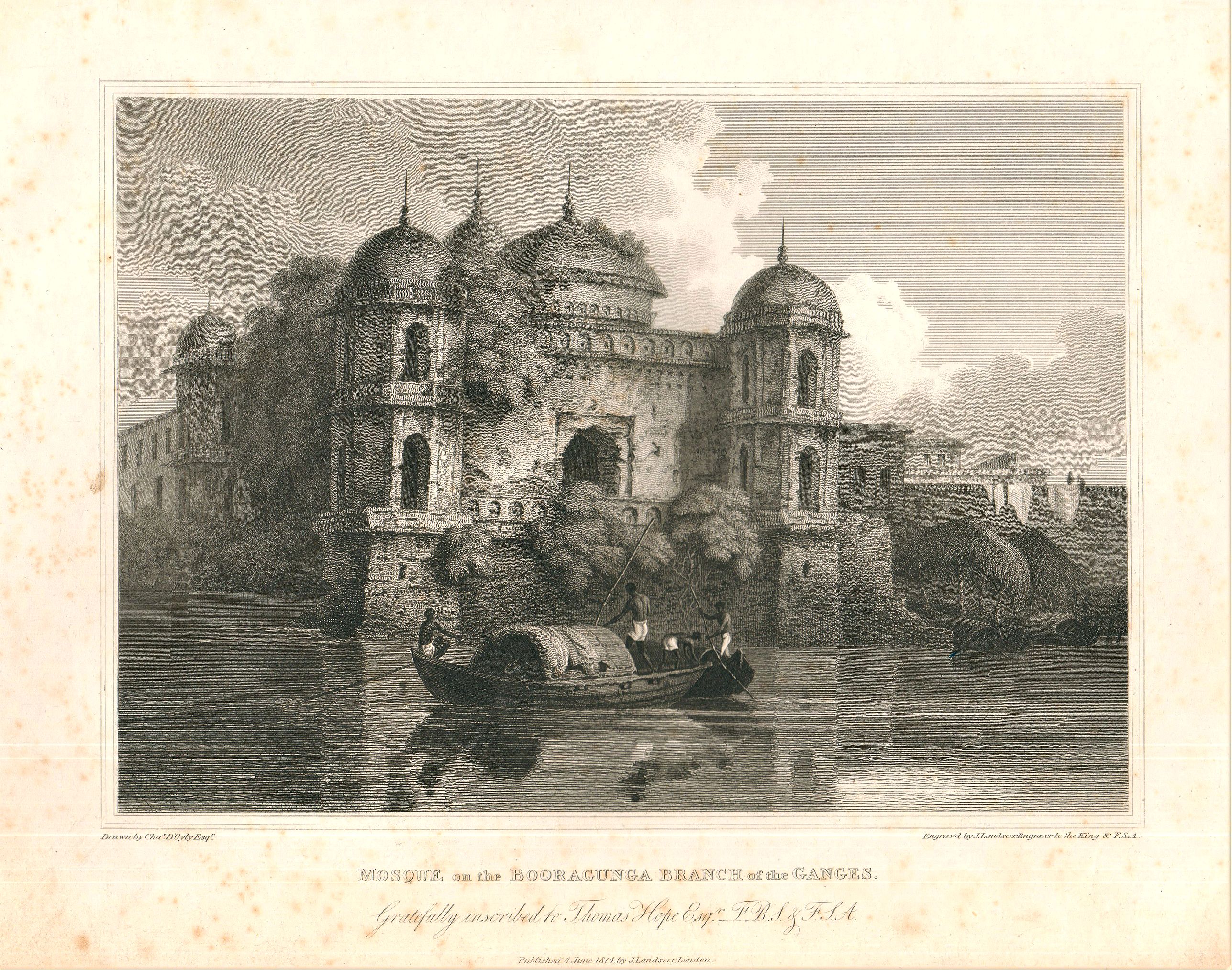 D’OYLY, Chr. , Mosque on the Booragunga Branch of the Ganges. , antique map, old maps