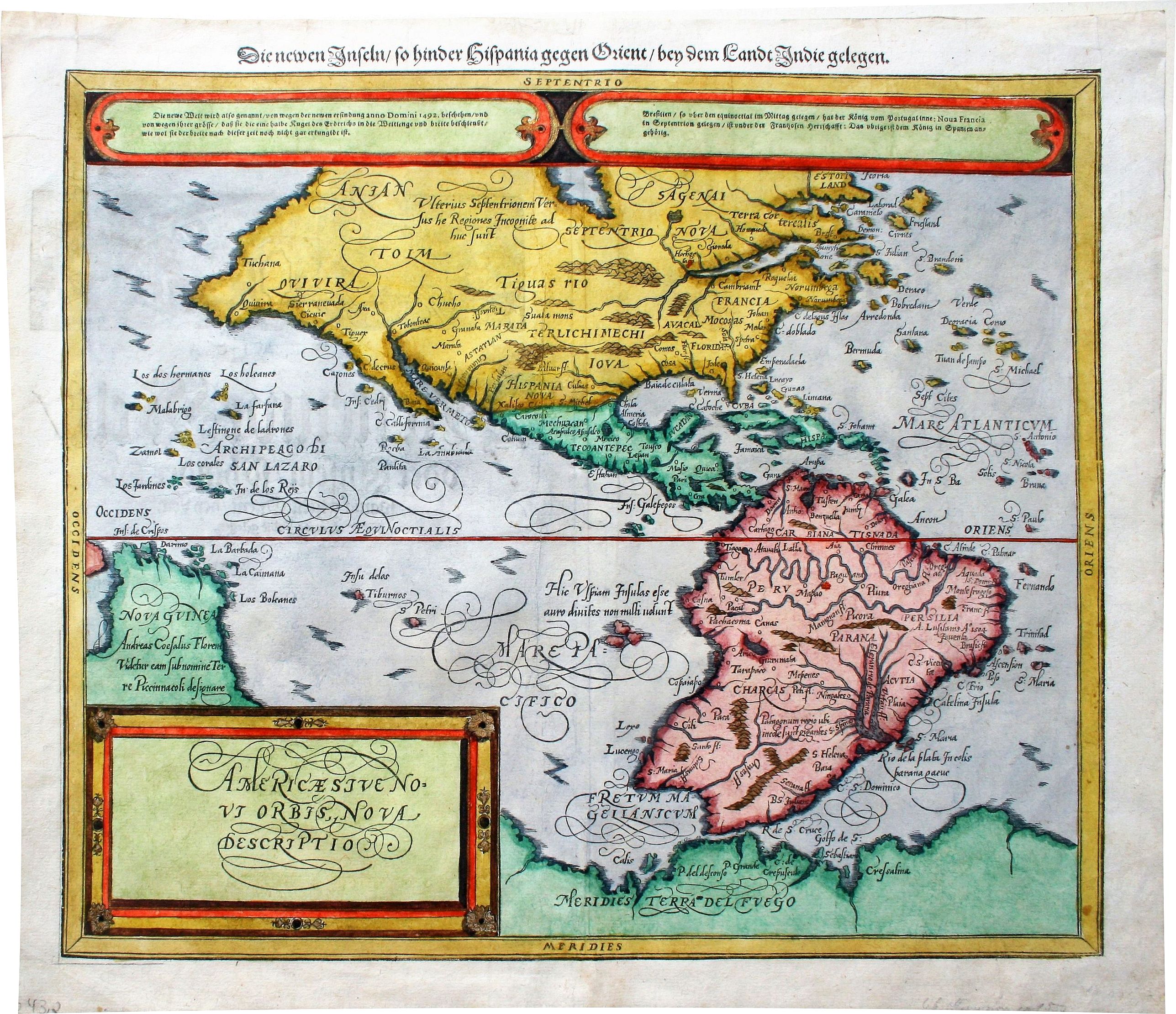 MÜNSTER, S., Americae Sive Novi Orbis Nova Descriptio. / Die newen inseln so hinder Hispaniam gegen Orient . . ., antique map, old maps