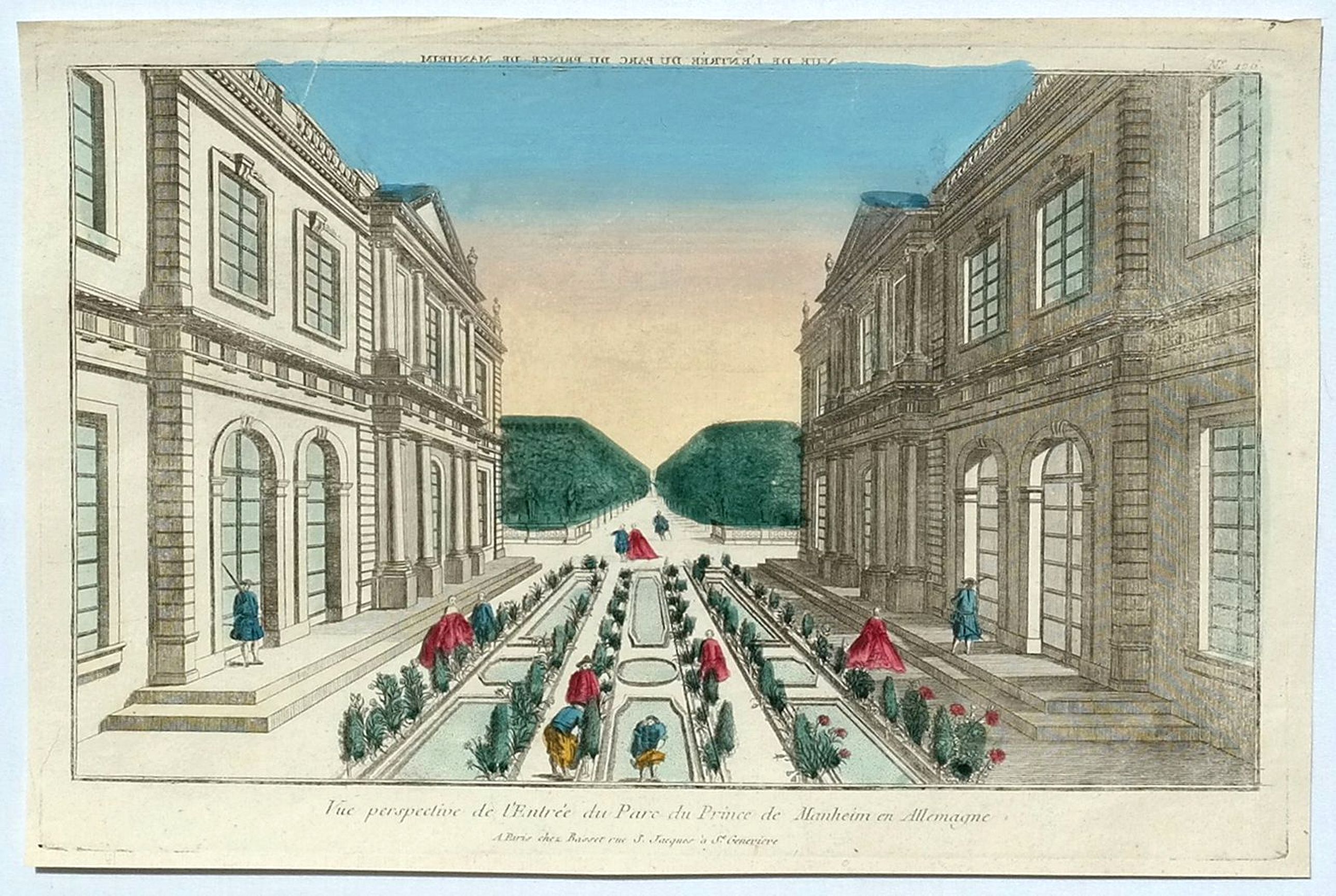 CHEZ BASSET., Vue Perspective de L’Entrée du Parc du Prince de Manheim en Allemagne., antique map, old maps