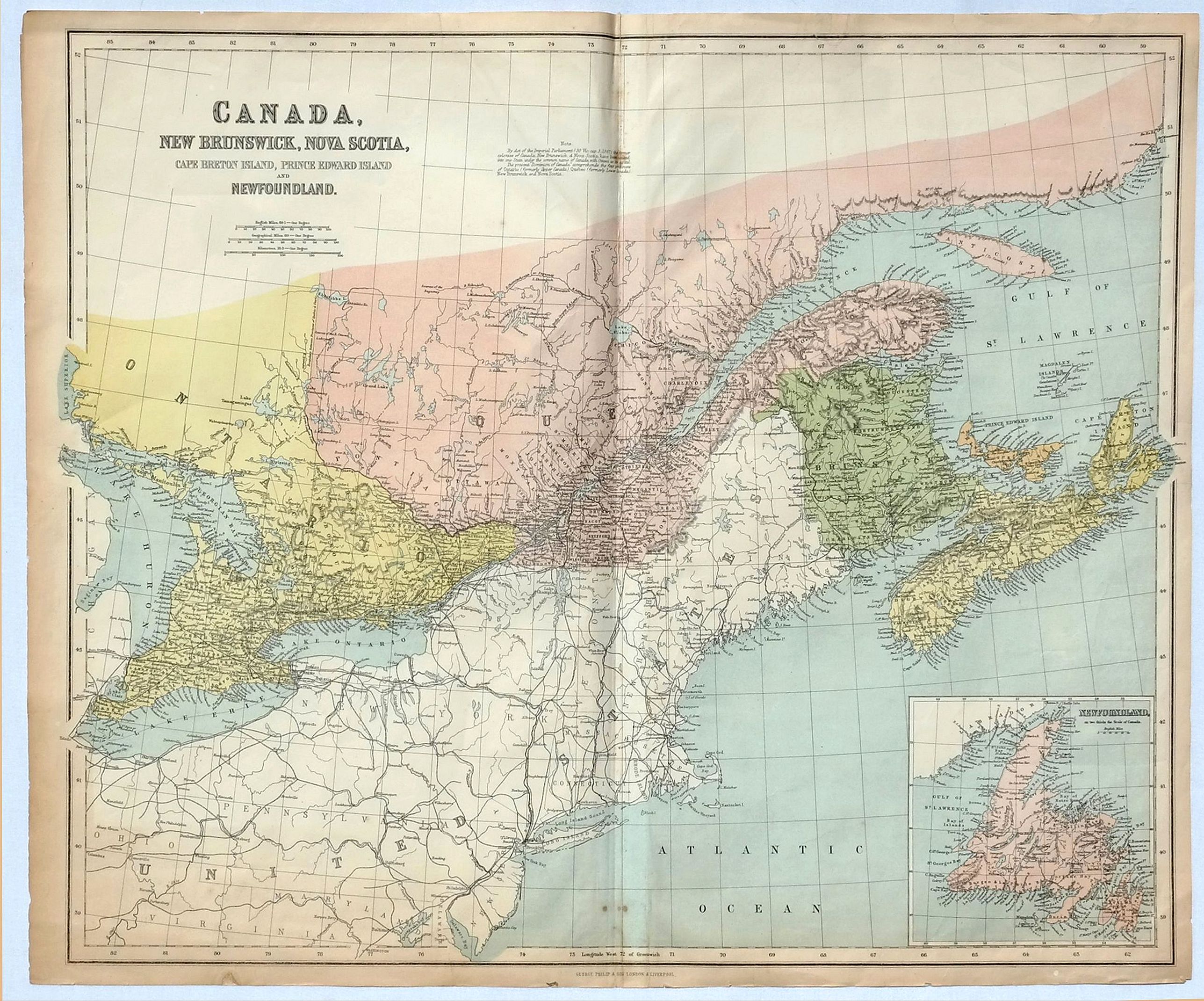 GEORGE PHILIP & SON., Canada, New Brunswick, Nova Scotia, Cape Breton Island, Prince Edward Island and Newfoundland., antique map, old maps
