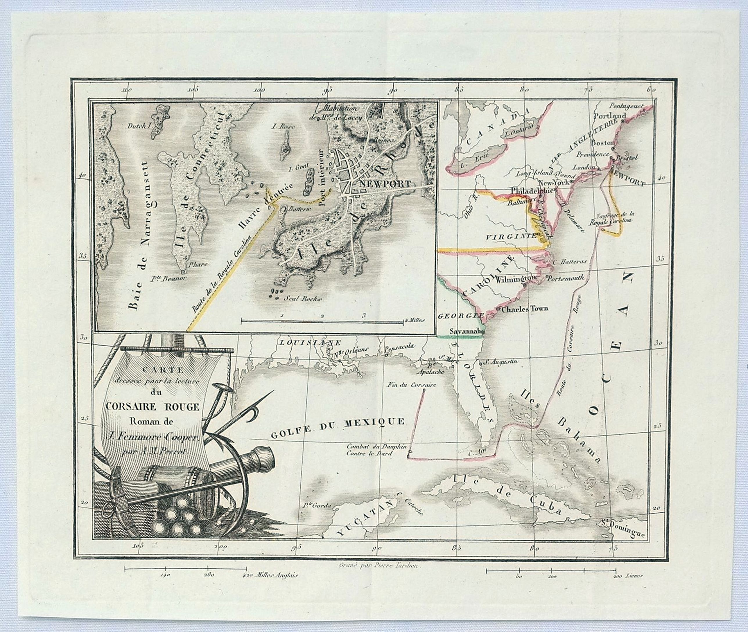 PERROT, A., Carte Dressee pour la Lecture du Corsaire Rouge Roman de J. Fenimore Cooper., antique map, old maps