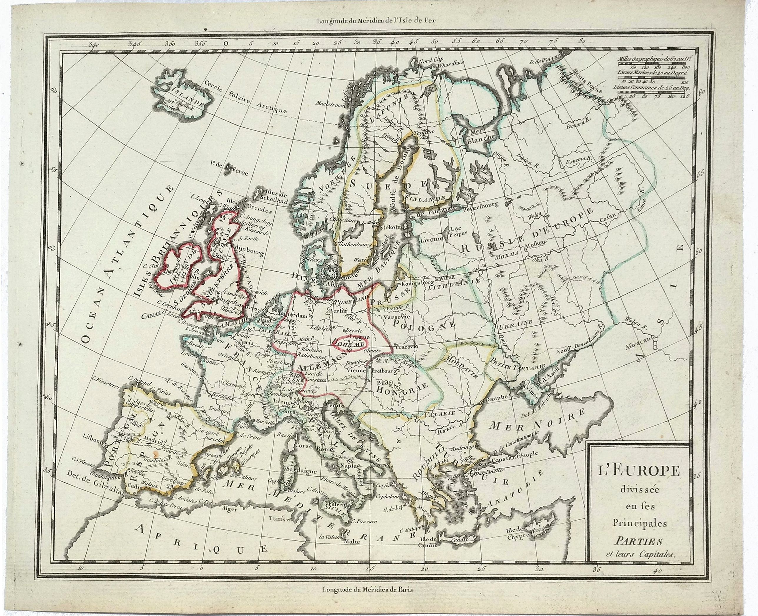 MENTELLE, E., L’Europe Divissee en Ses Principales Parties et Leurs Capitales., antique map, old maps