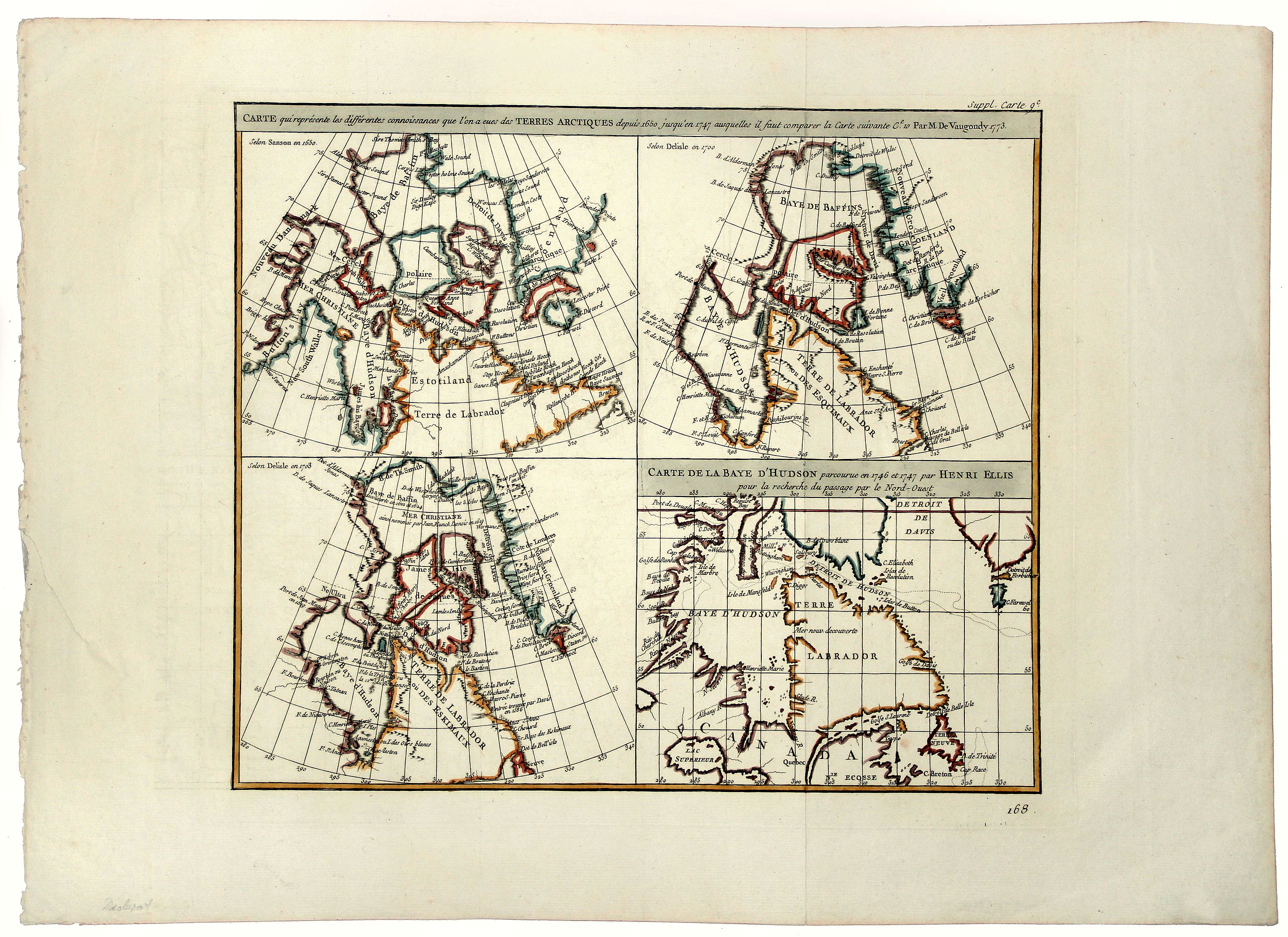 VAUGONDY, M. / ELLIS, Henri., Carte qui represente les differentes connoissances que L'on a eues des Terres Arctiques depuis 1650. . . CARTE DE LA BAYE D' HUDSON., antique map, old maps