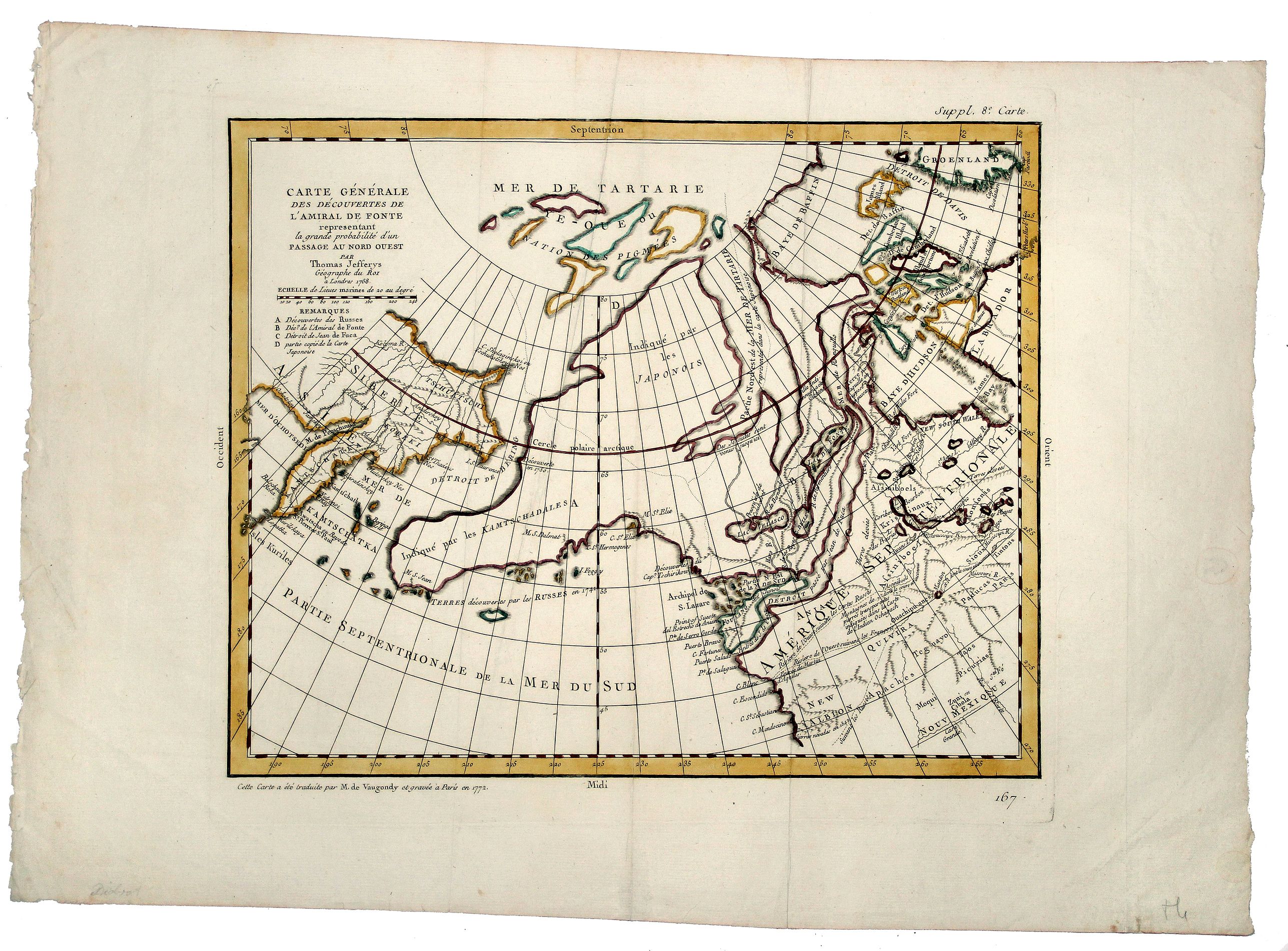 DIDEROT, Denis - DE VAUGONDY, Didier Robert., CARTE GENERALE DES DECOUVERTES de l'Amiral de Fonte,representant la grande possibilite d'un PASSAGE AU NORD OUEST., antique map, old maps